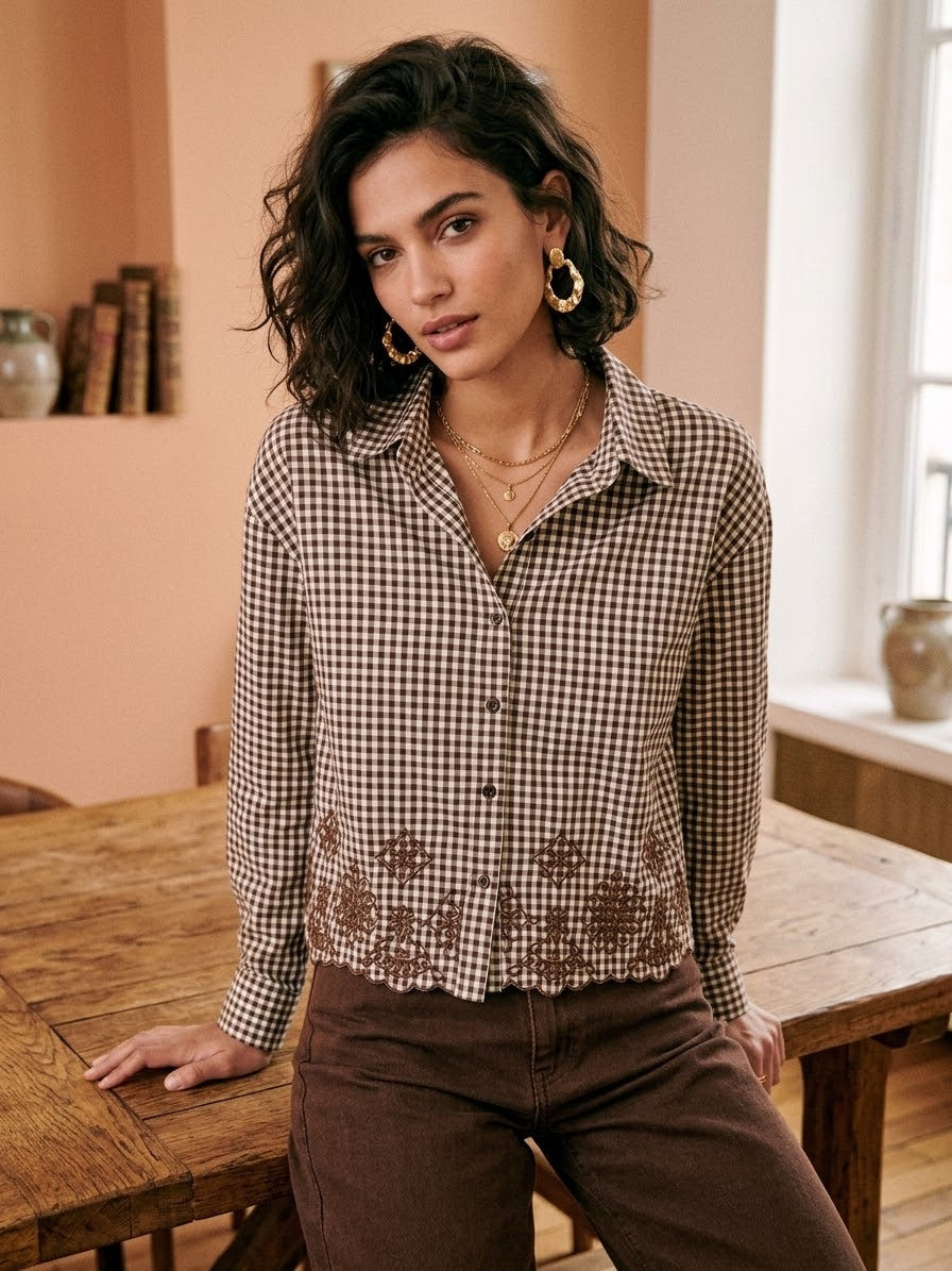 Aria Chocolate Brown Gingham Embroidered Shirt