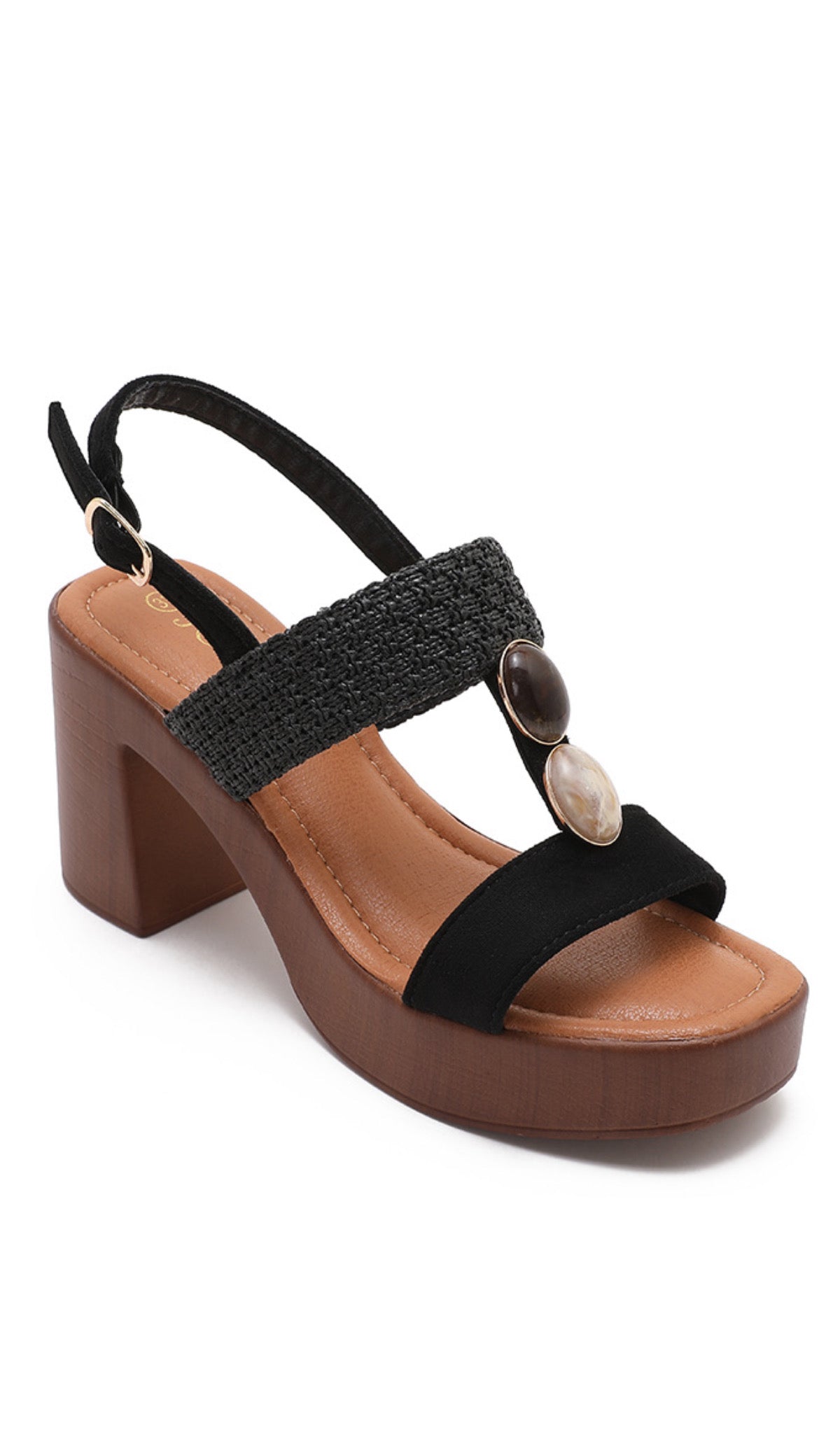 Tina Black Platform Heel – Textured Strap Block Heel Sandal