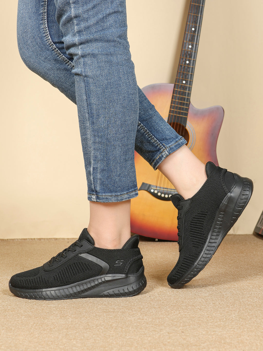 Quinn Black Lightweight Knit Lace-Up Trainers