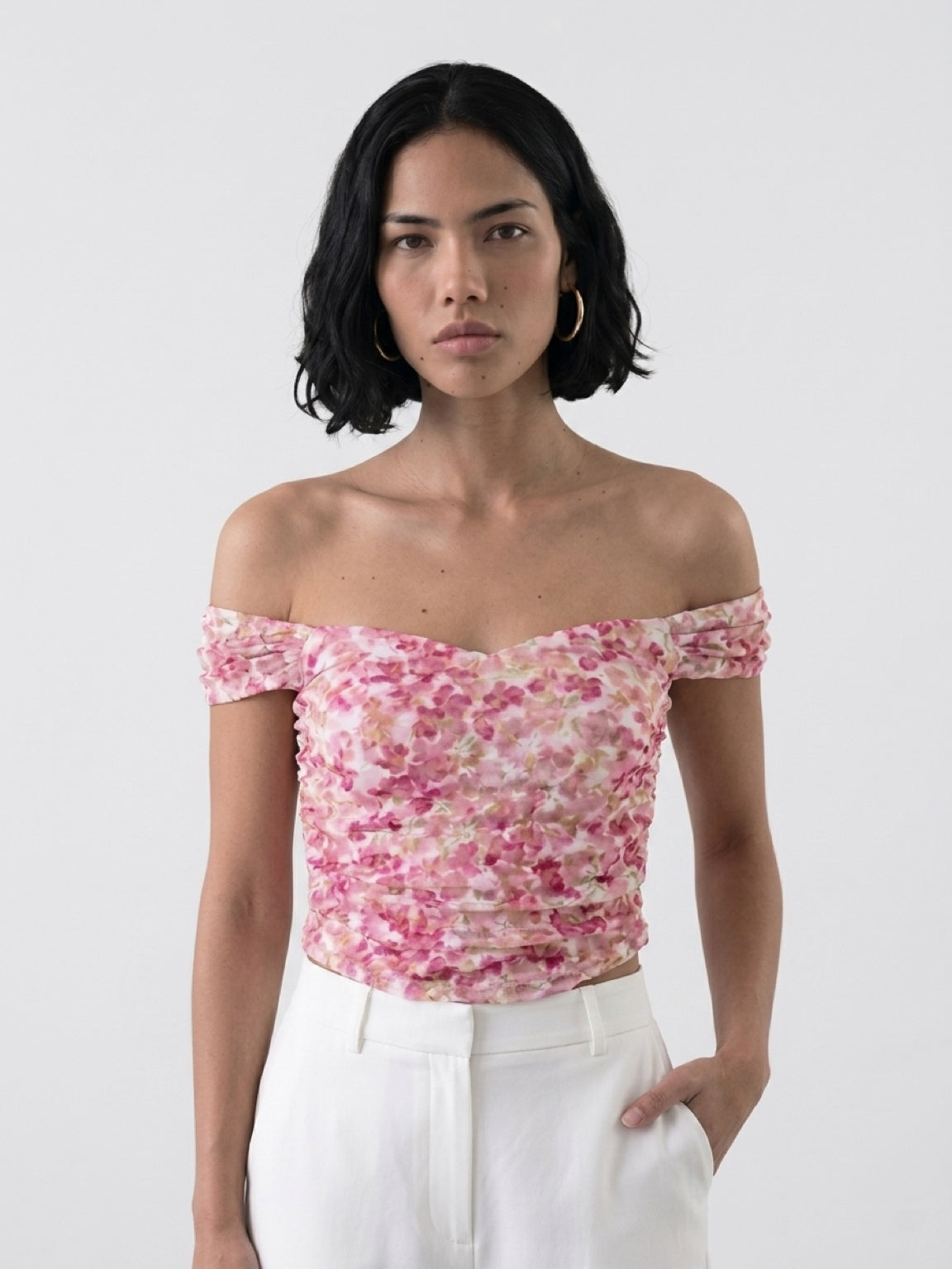 Laura Ruched Floral Bardot Top - Pink