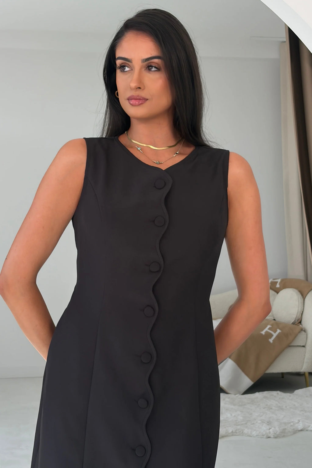 Violetta Girl in Mind Black Scallop Detail Button Front Mini Dress