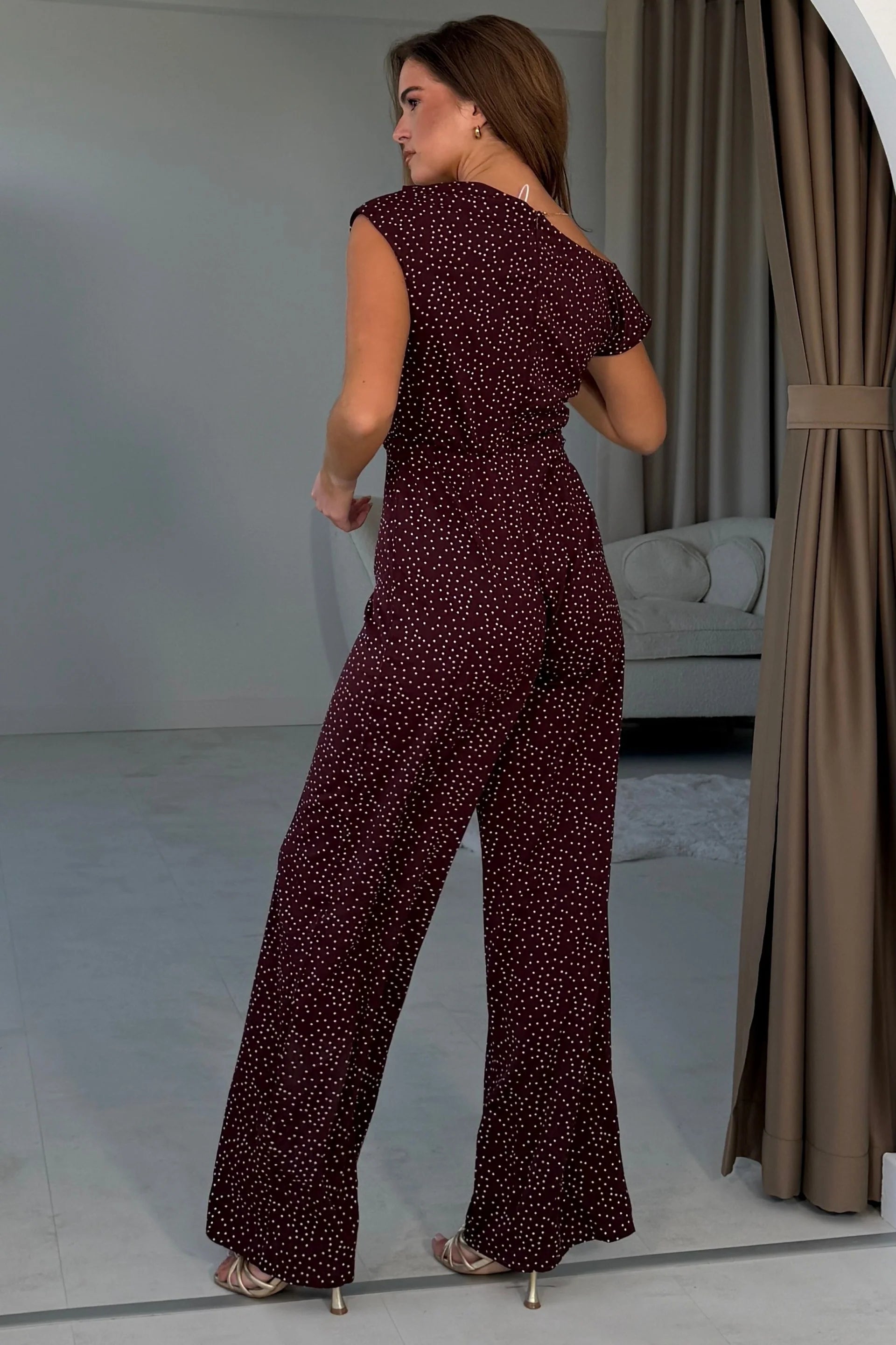 Girl In Mind Donna Burgundy Polka Dot Wide Leg Jumpsuit