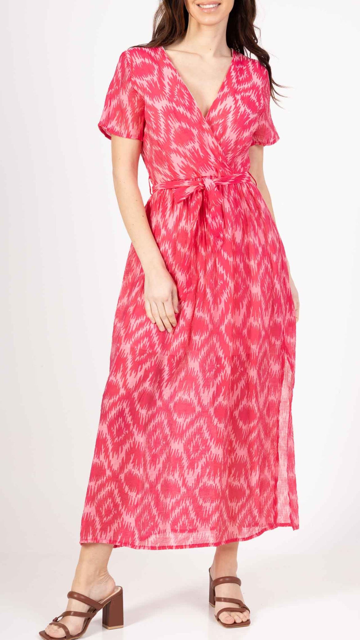 Cathy Pink Ikat Print Wrap Midi Dress