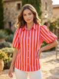 Skylar Shirt – Pink & Red Stripe Puff Sleeve Shirt