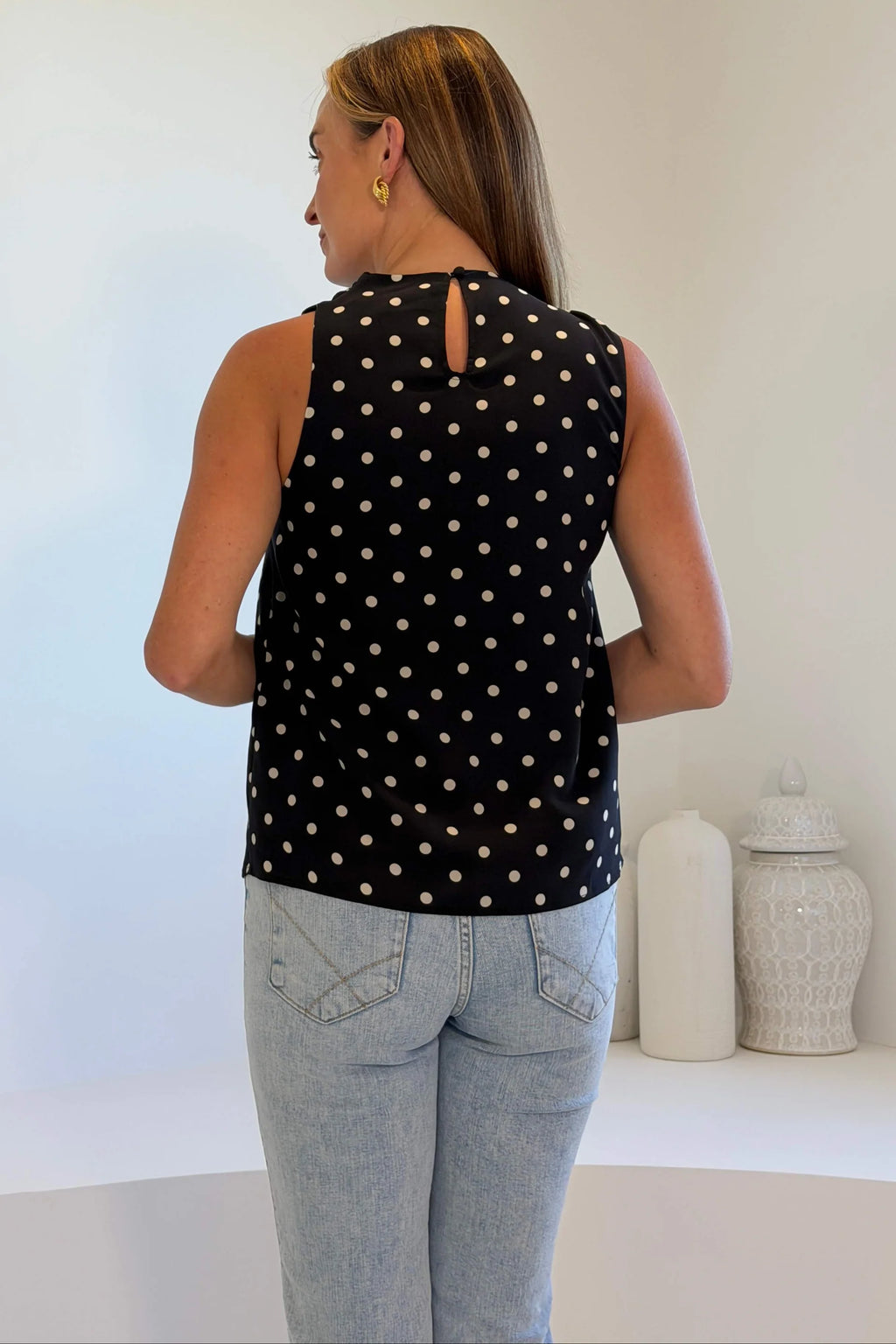Girl In Mind Sapphire Black Polka Dot Satin Cowl Neck Top