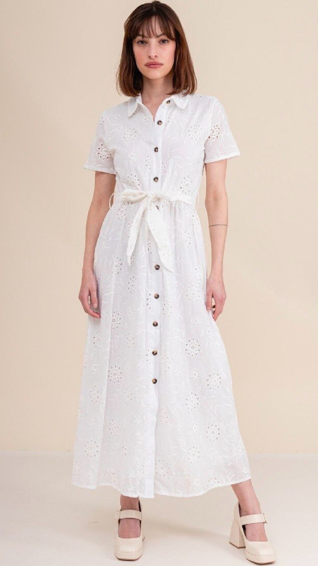 Nora White Broderie Button-Front Midi Dress