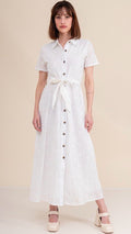 Nora White Broderie Button-Front Midi Dress