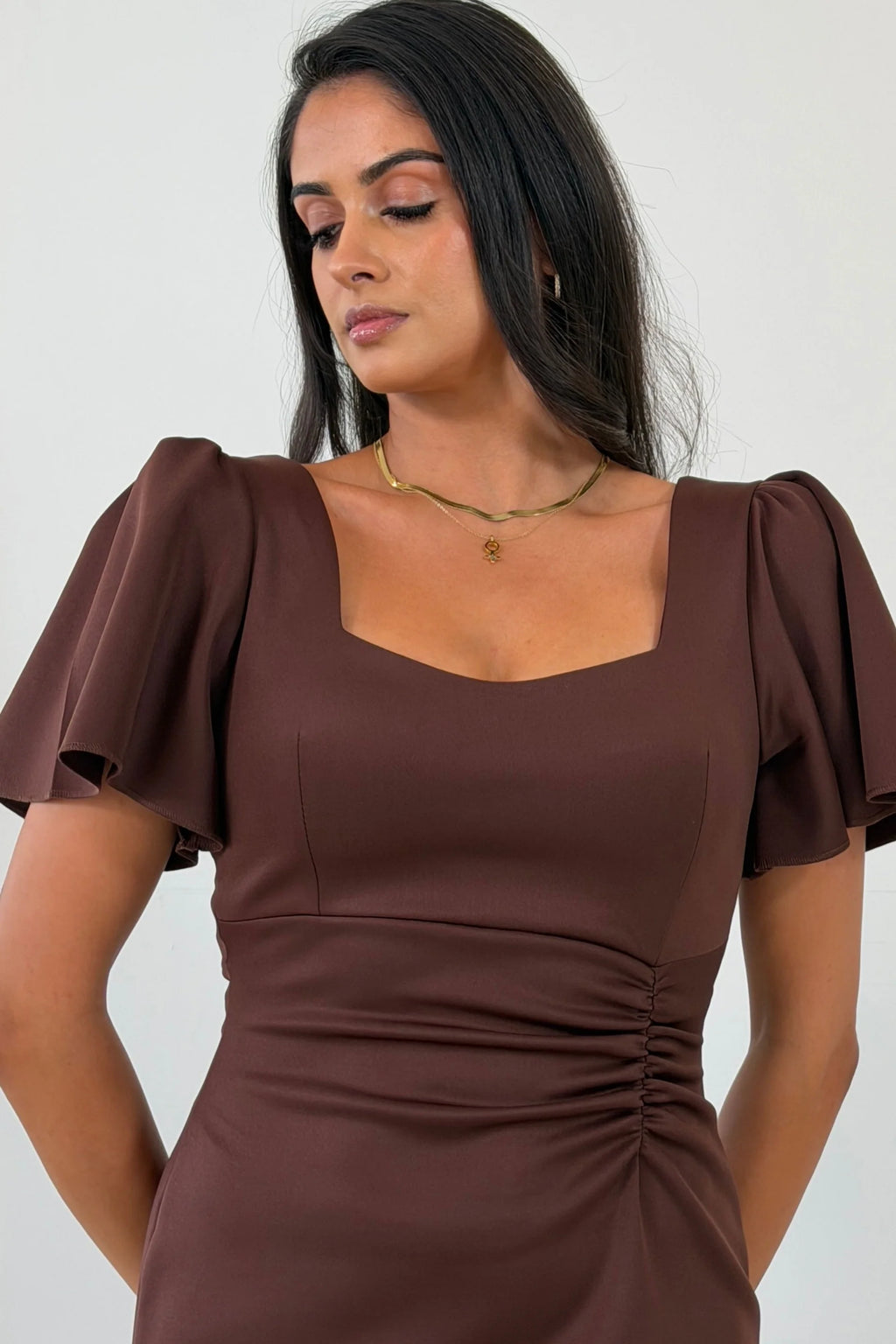 Leona Girl in Mind Chocolate Brown Ruched Frill Midi Dress
