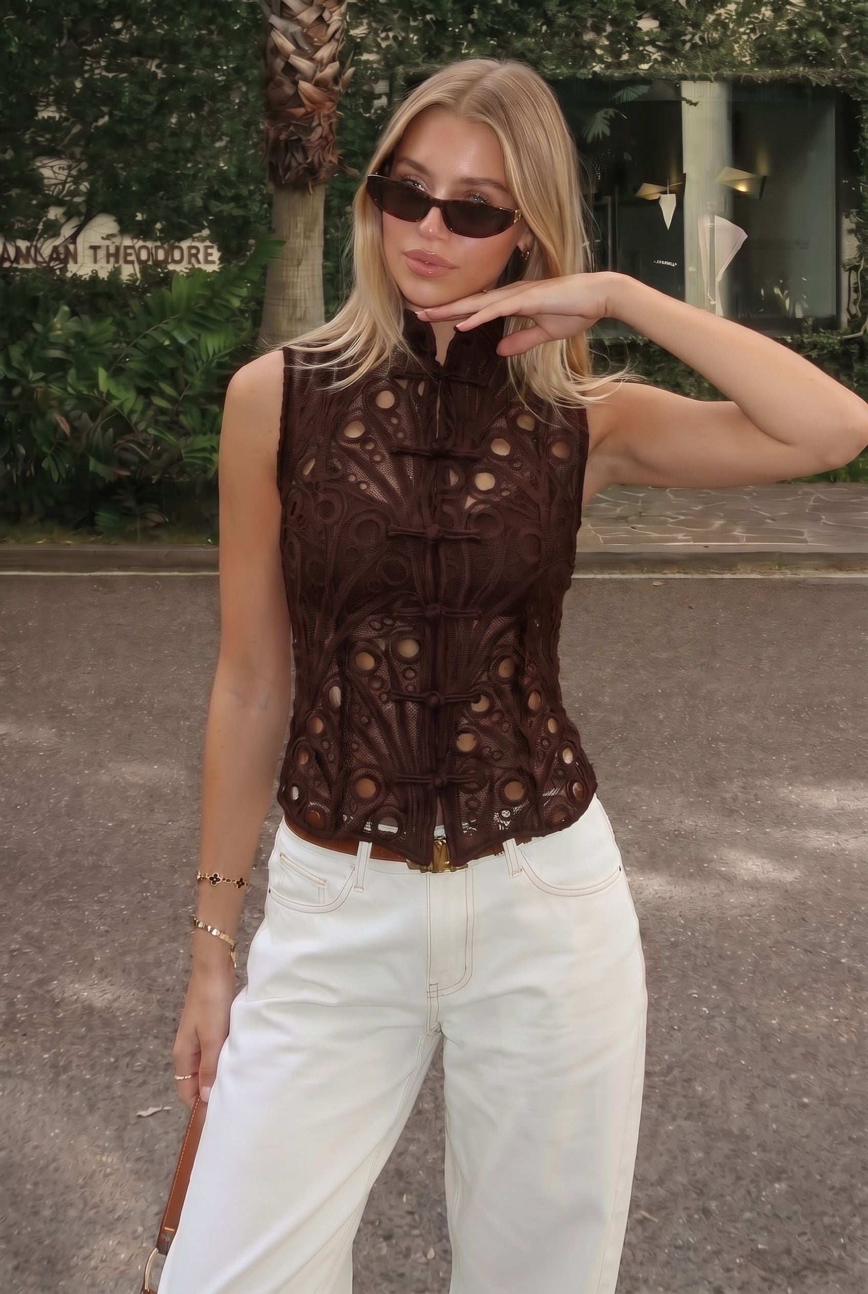 Billy Lace Mandarin Collar Top – Brown