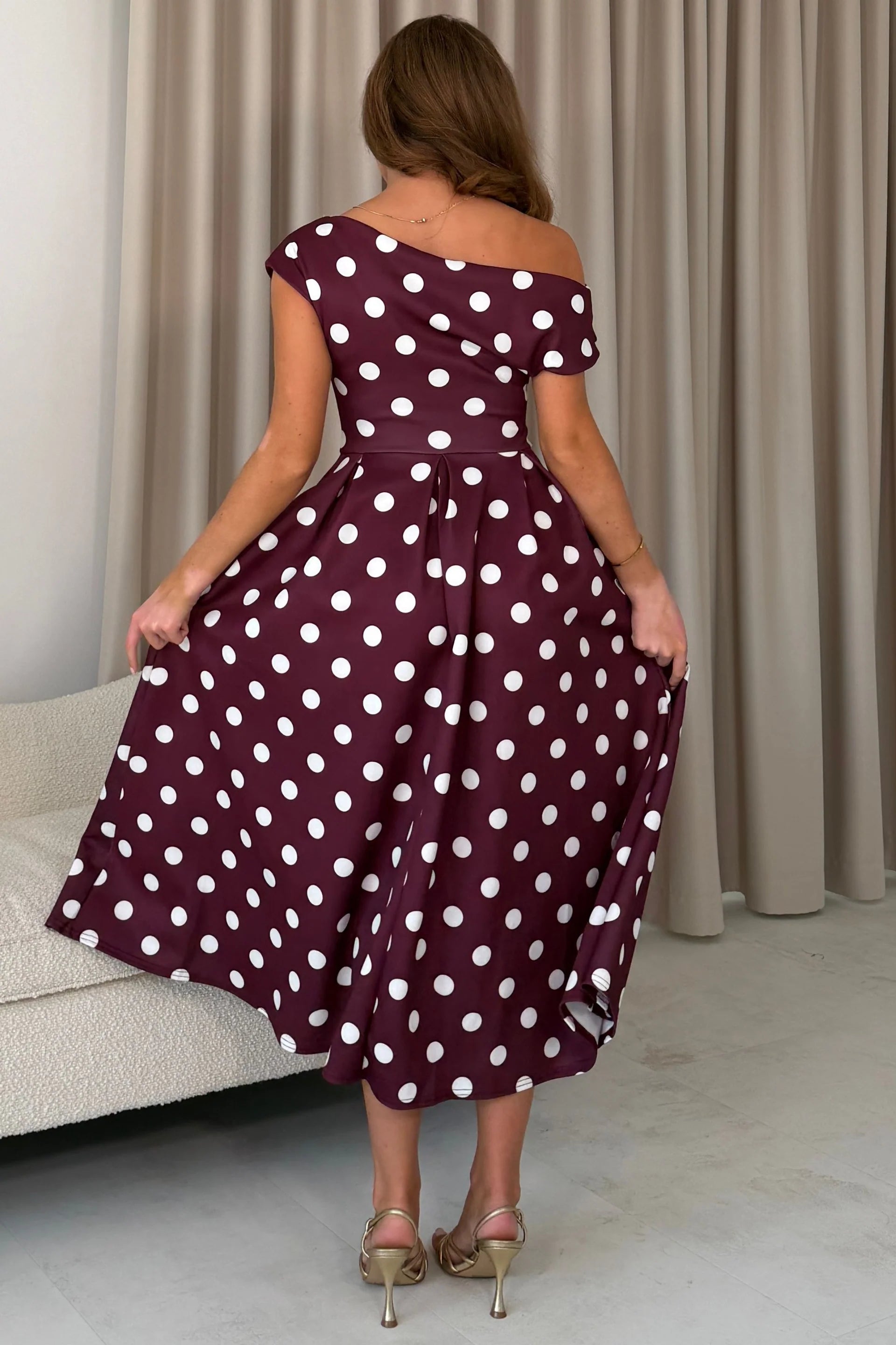 Girl In Mind Betty Burgundy Polka Dot Bardot Midi Dress