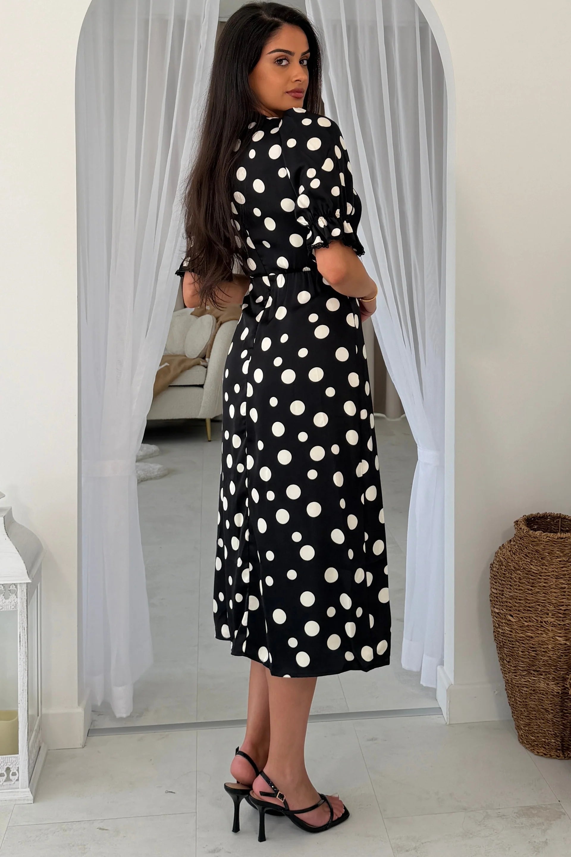 Girl In Mind Sharon Black & White Polka Dot Lace Trim Midi Dress