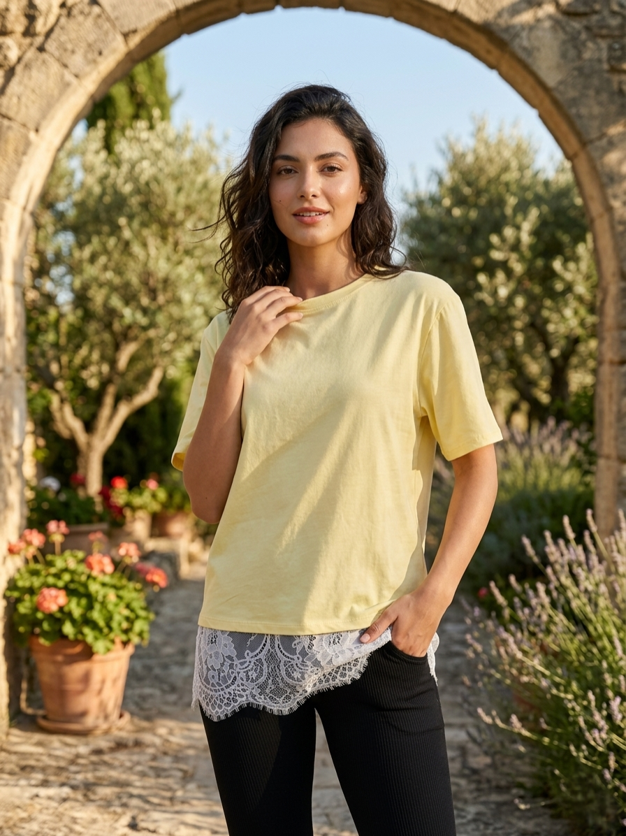 Kennedy Tee – Cotton Lace Hem T-Shirt In Yellow