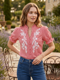 Jen Red Embroidered Gingham Puff Sleeve Top