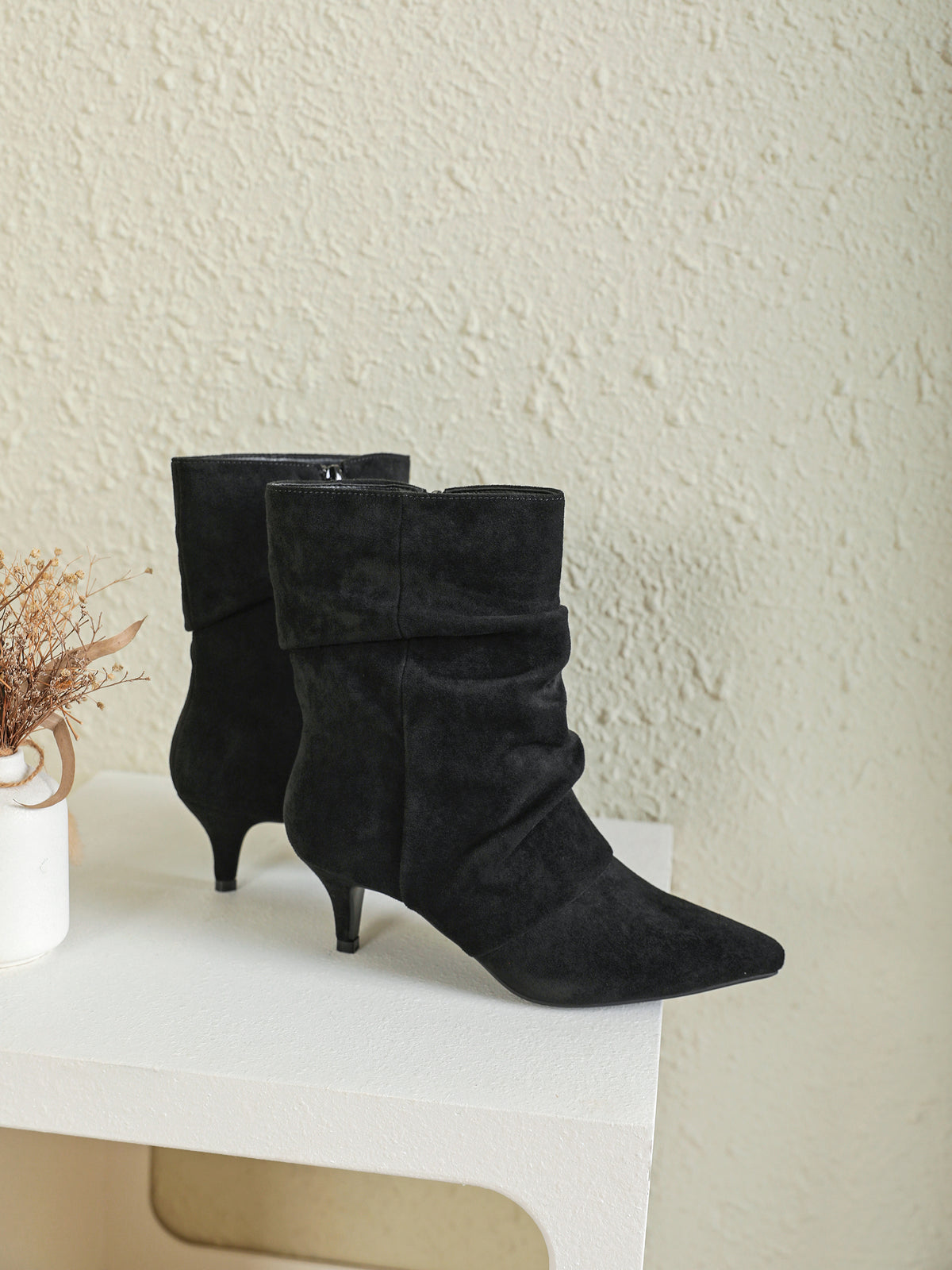 Remy Ruched Kitten Heel Ankle Boots – Black
