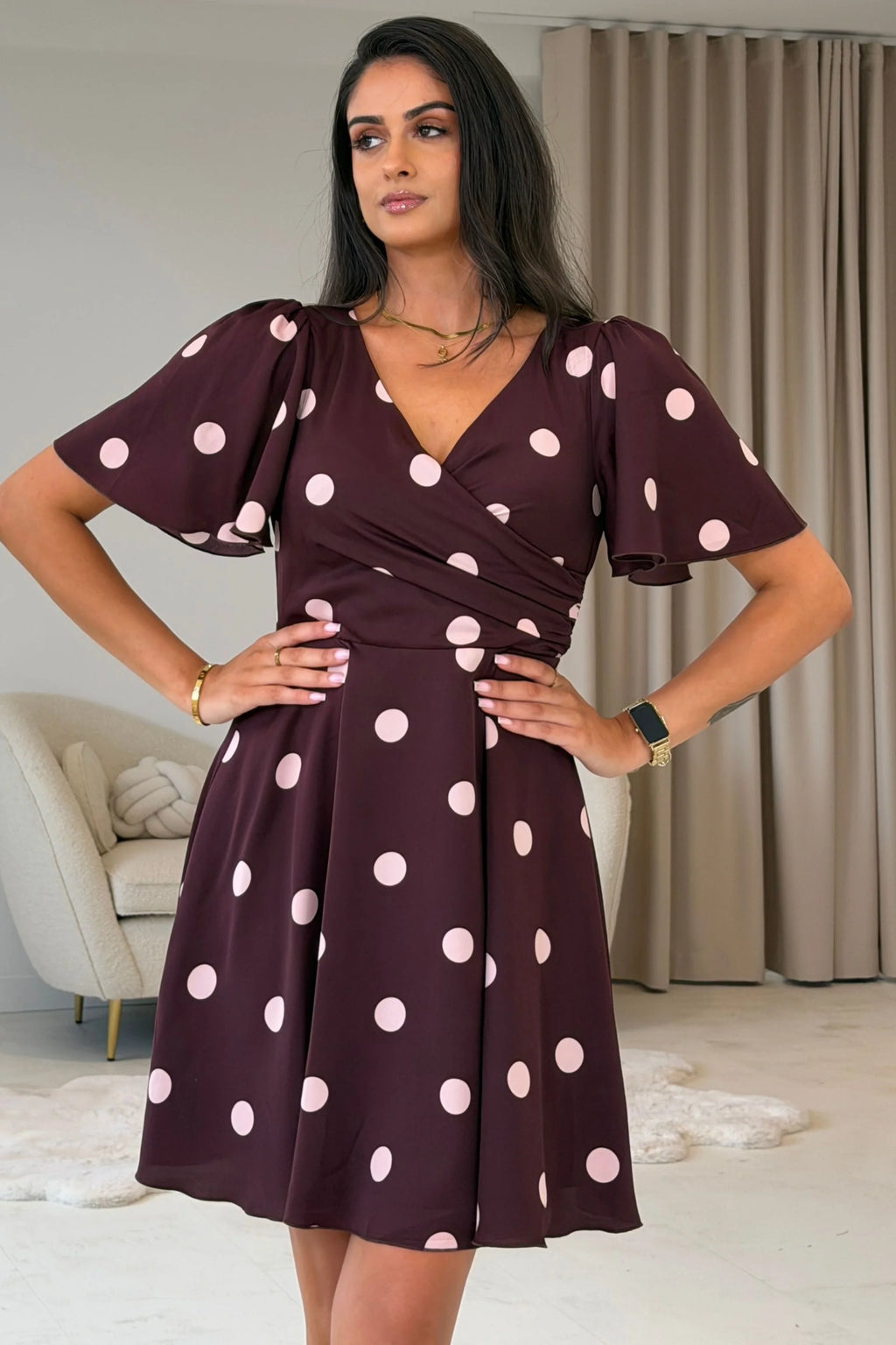 Kristie Girl in Mind Wine Polka Dot Wrap Mini Dress