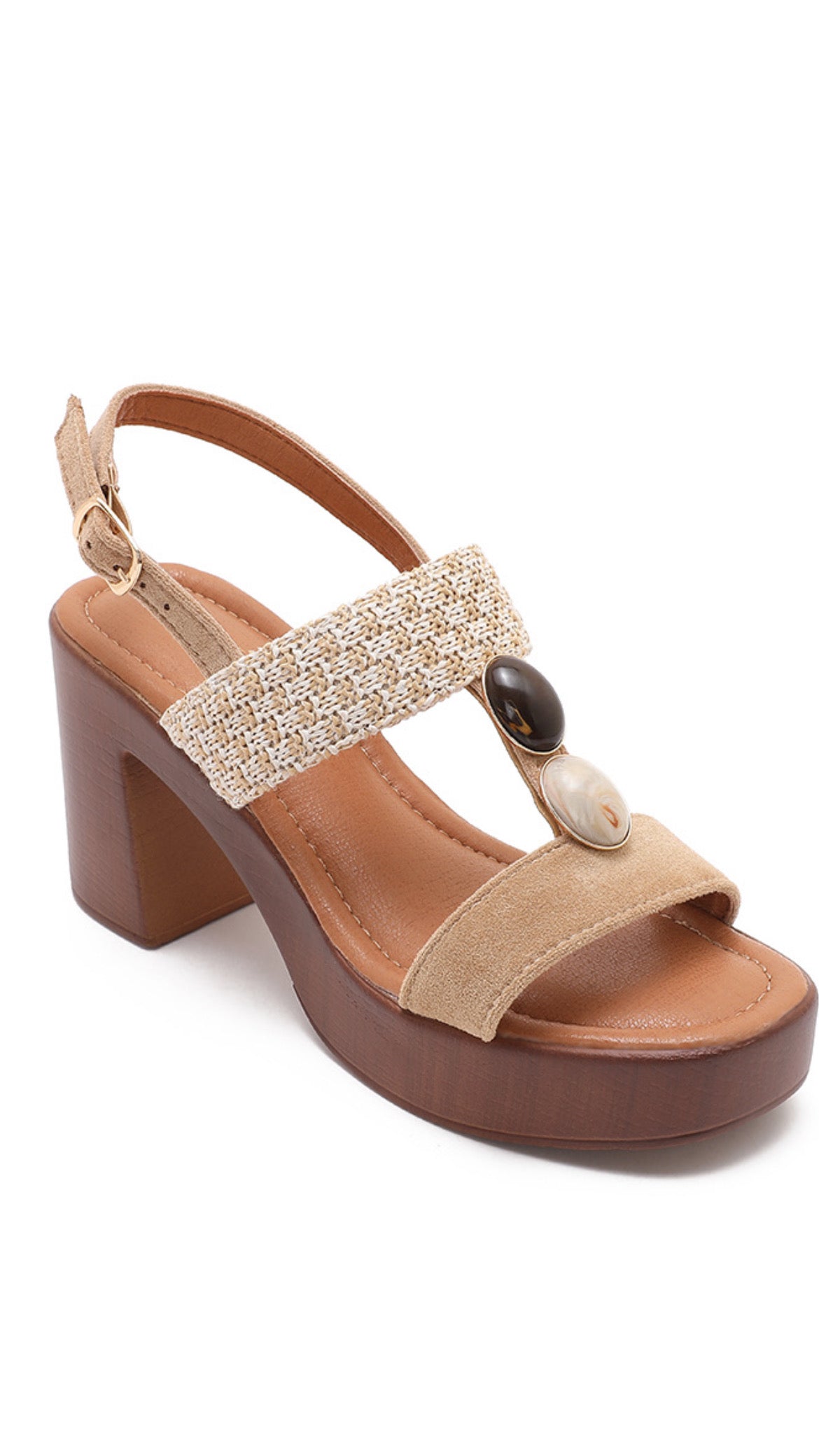 Tina Khaki Platform Heel – Textured Strap Block Heel Sandal