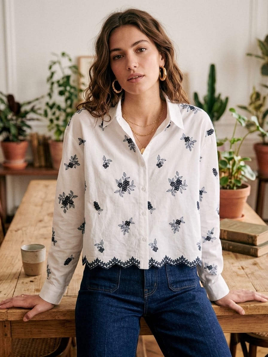 Mabel White Embroidered Floral Shirt