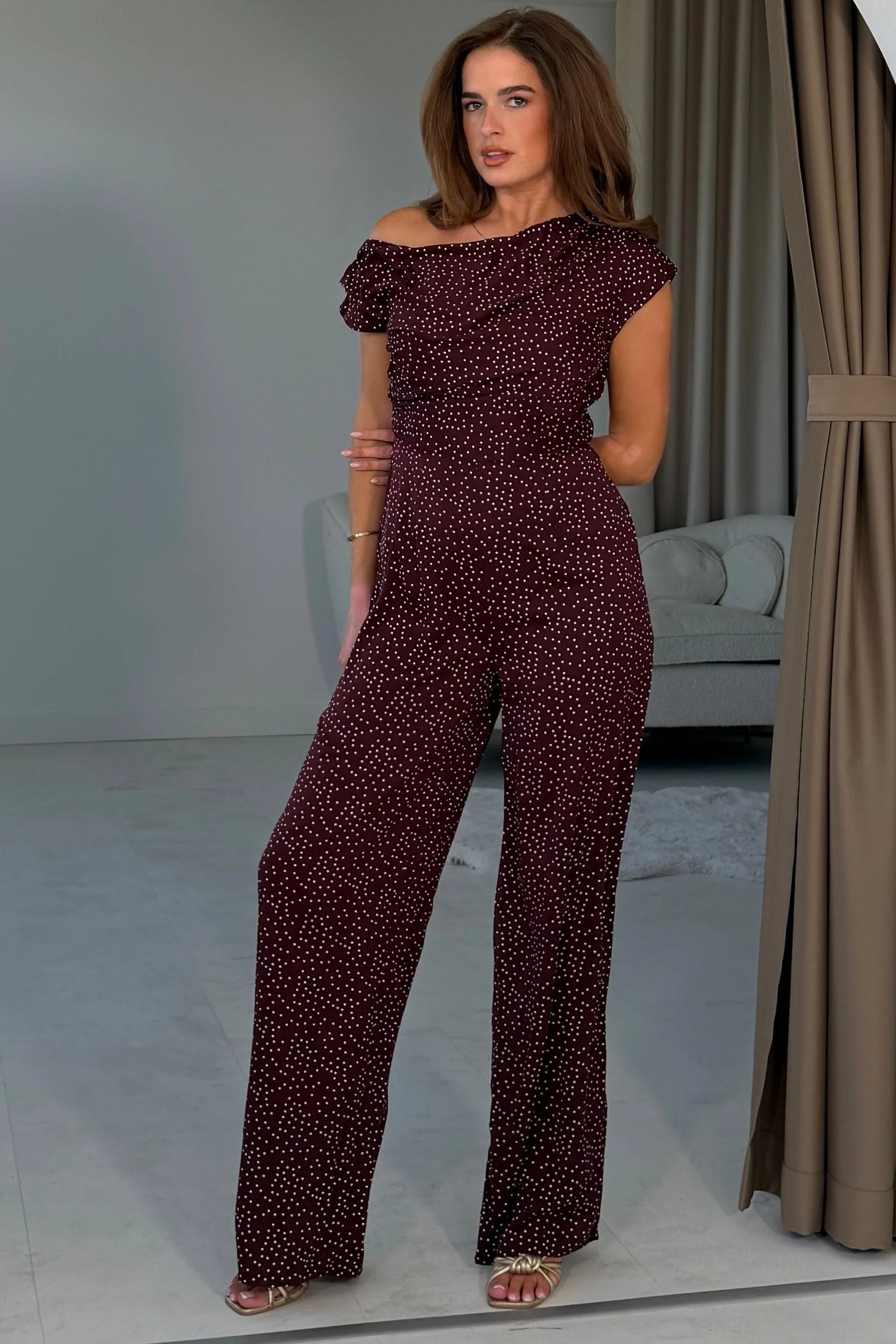 Girl In Mind Donna Burgundy Polka Dot Wide Leg Jumpsuit
