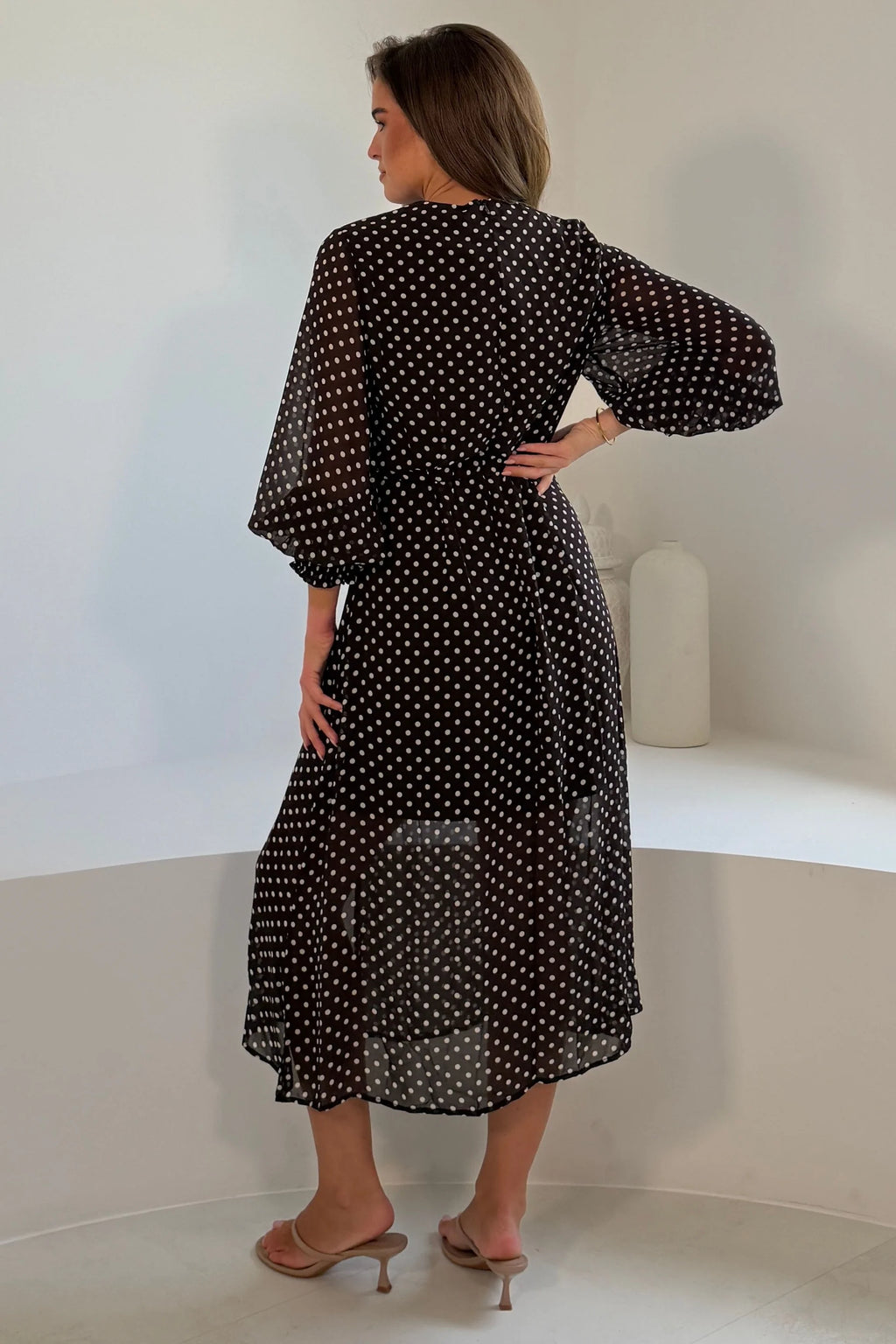 Girl In Mind Oraya Brown & White Polka Dot Chiffon Midi Dress