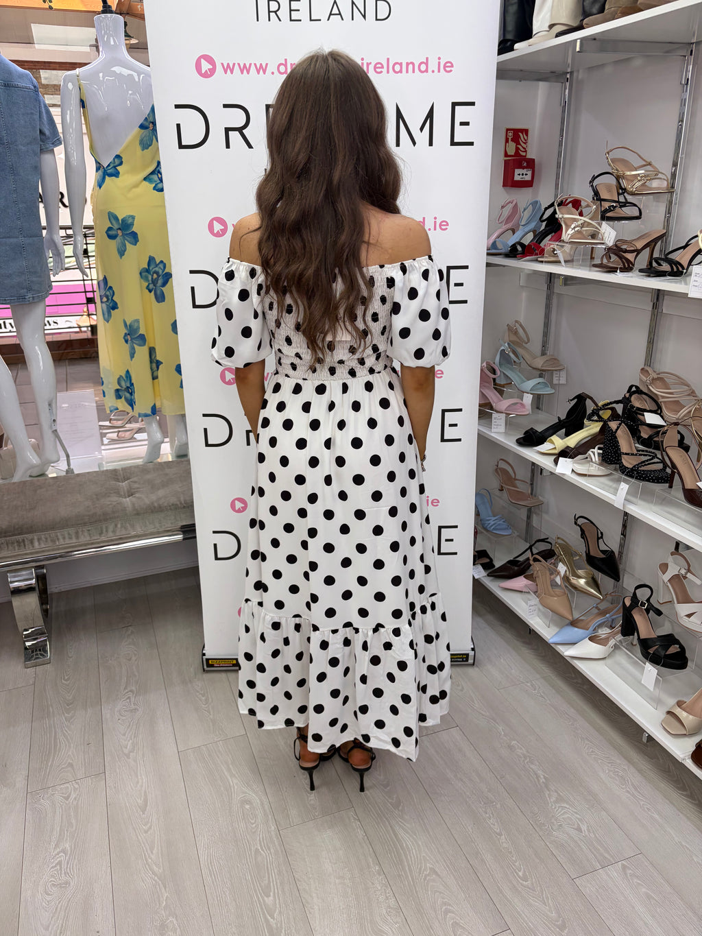 Monroe Dress – Polka Dot Shirred Midi Dress - White