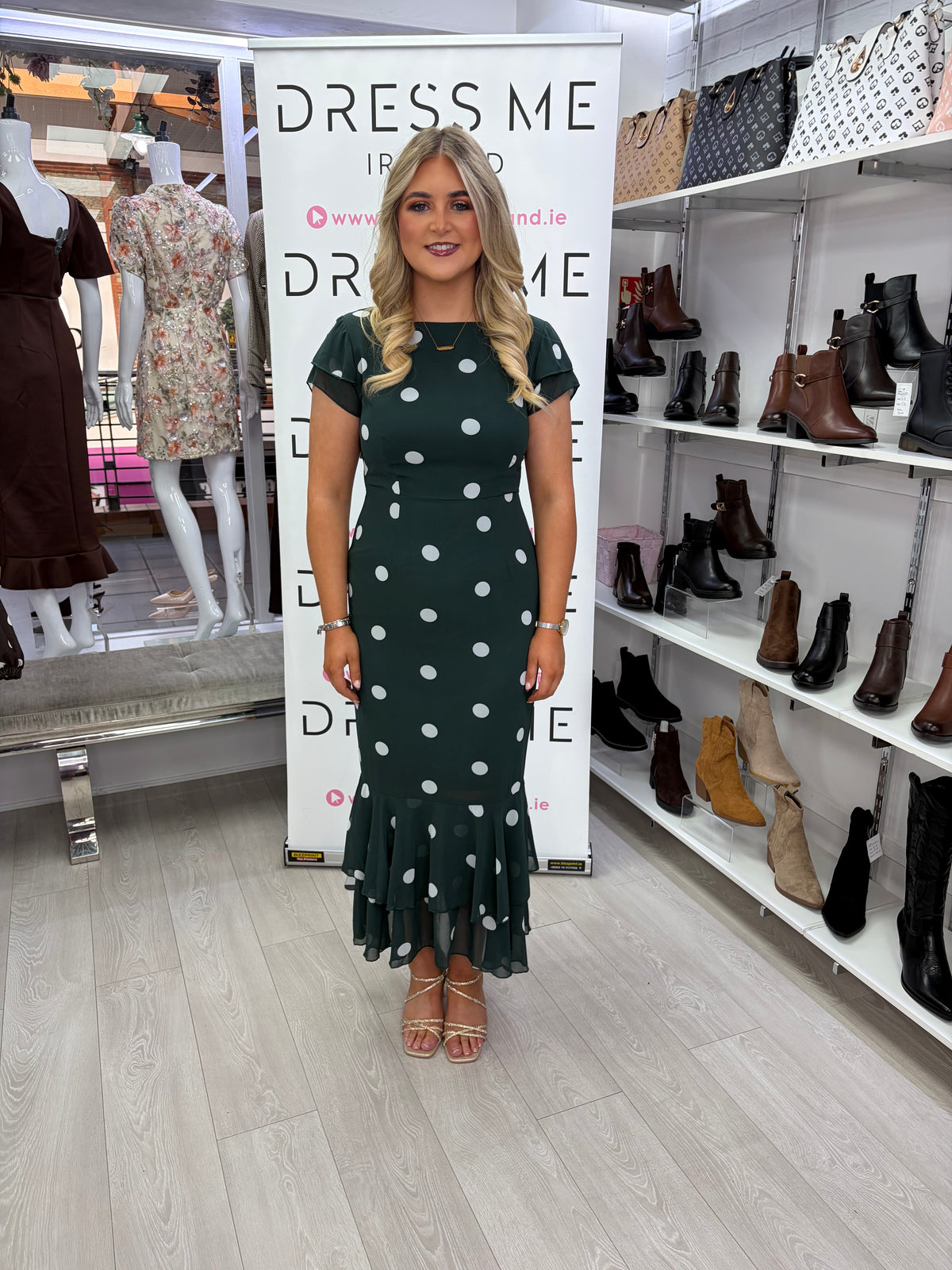 Roxy Girl in Mind Green Polka Dot Frill Midi Dress