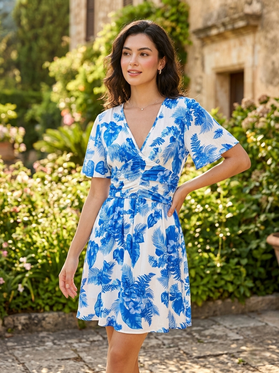 Linda Dress – Blue Floral Wrap Mini Dress
