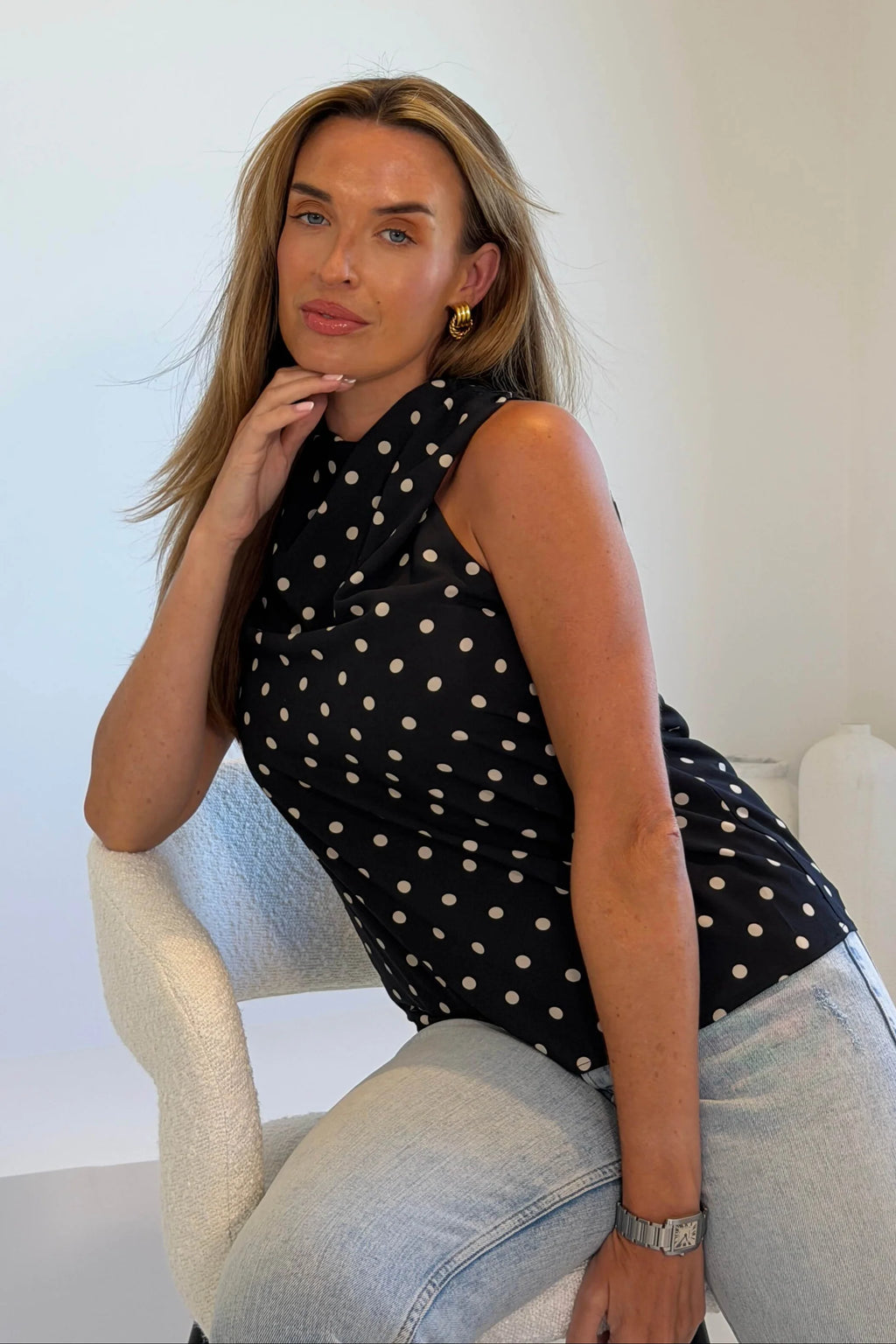 Girl In Mind Sapphire Black Polka Dot Satin Cowl Neck Top