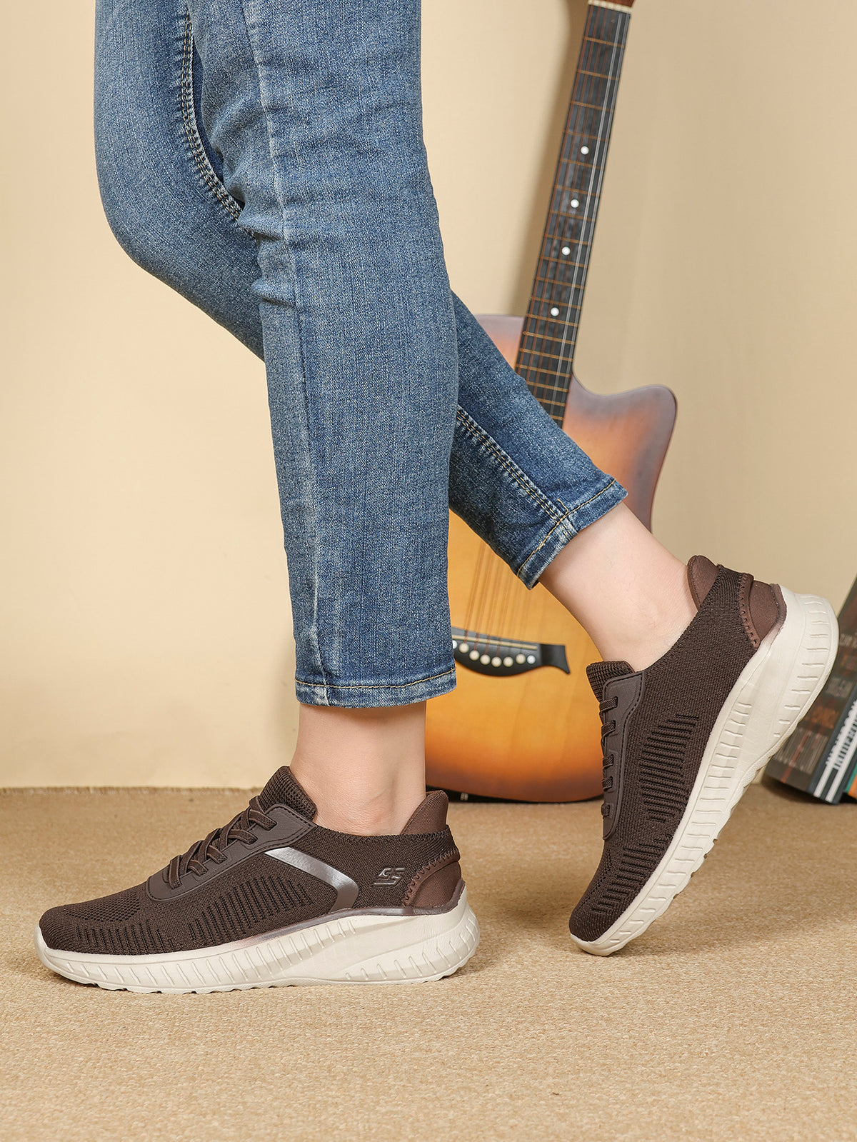 Quinn Brown Lightweight Knit Lace-Up Trainers