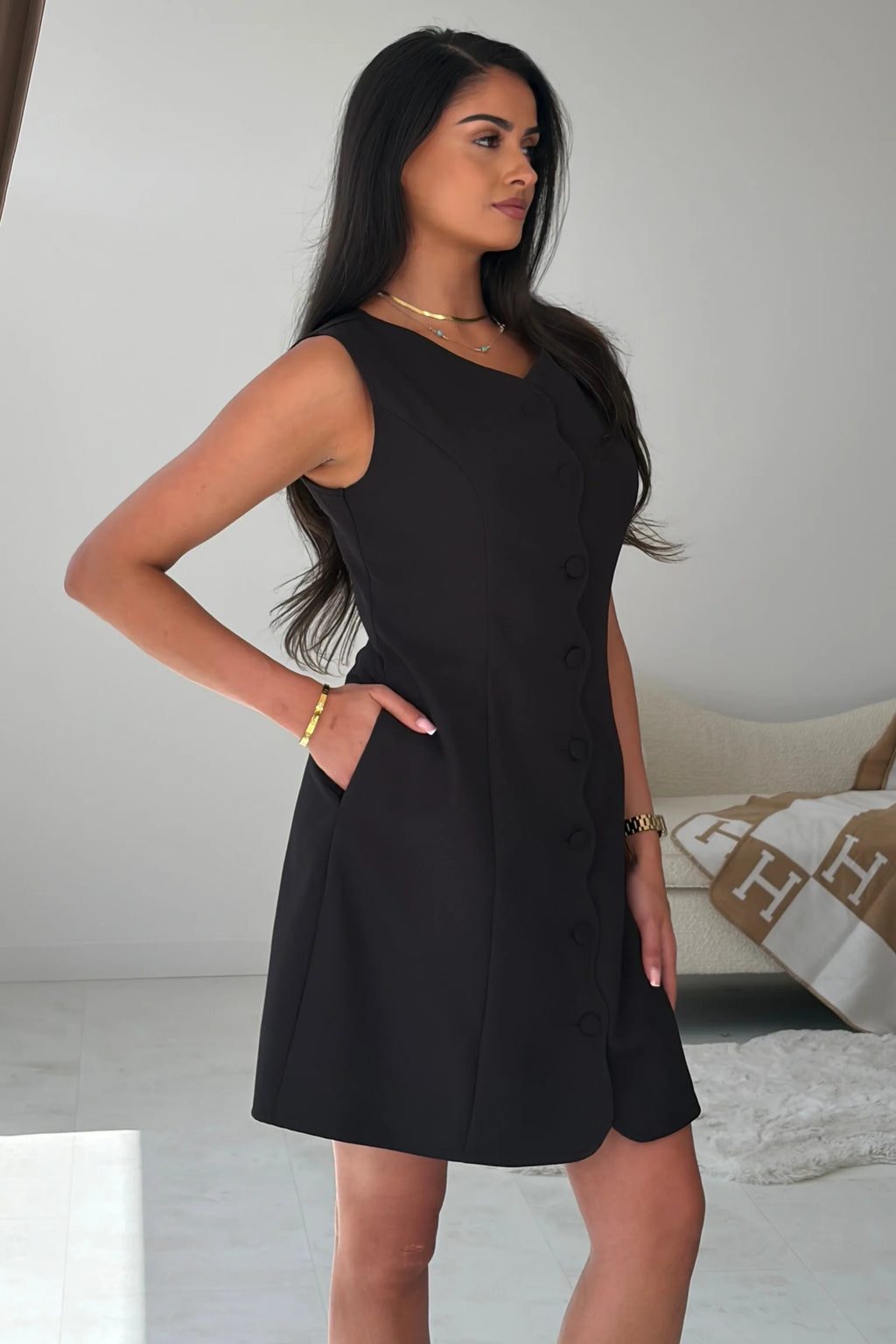 Violetta Girl in Mind Black Scallop Detail Button Front Mini Dress