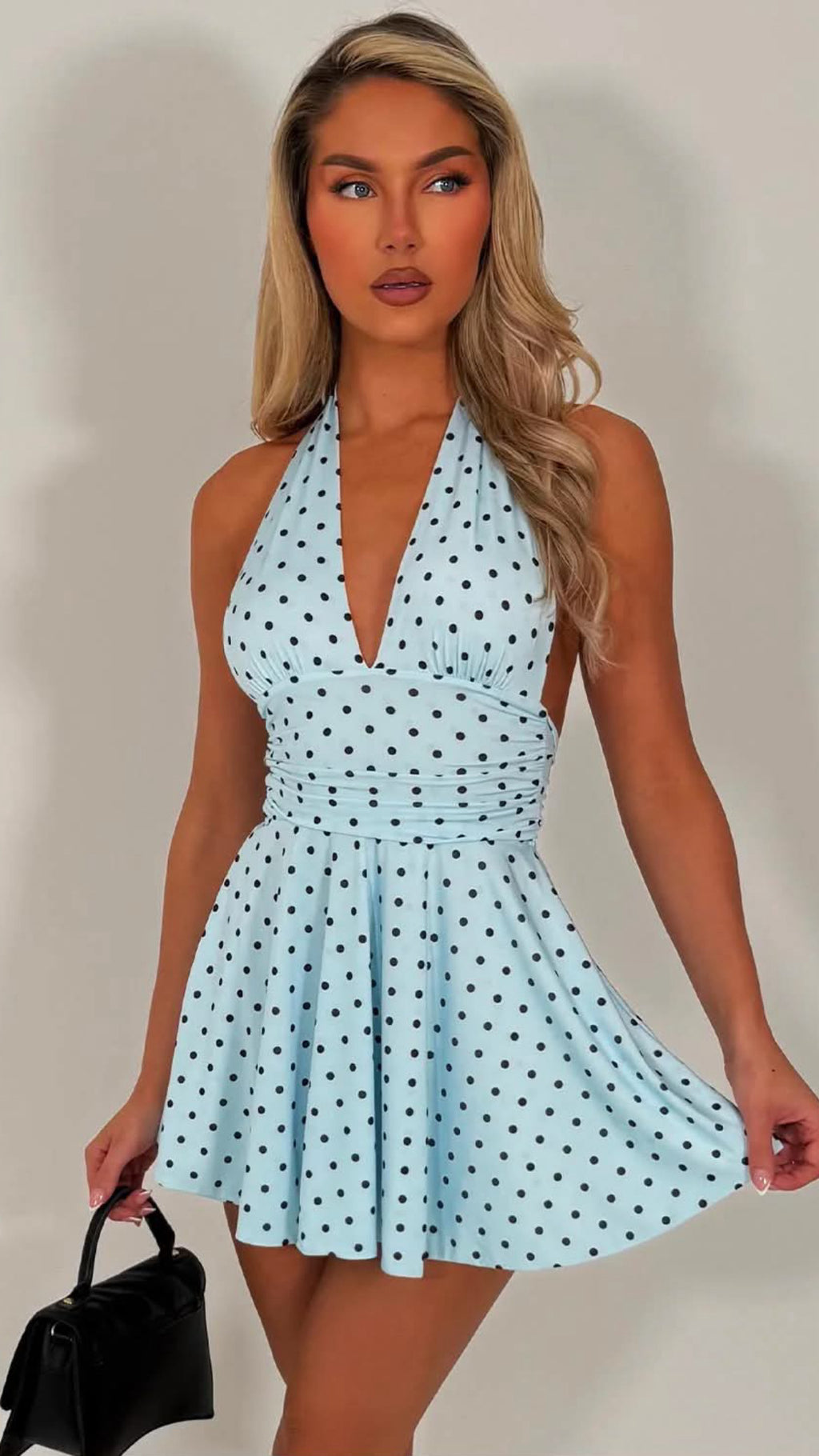 Ivy Polka Dot Halter Backless Mini Dress - Blue