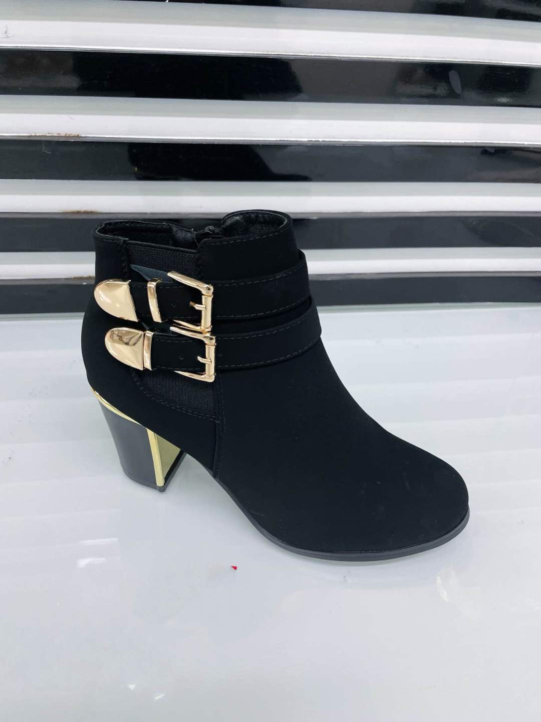 Nadia Black Ankle Boots with Gold Double Buckle & Block Heel