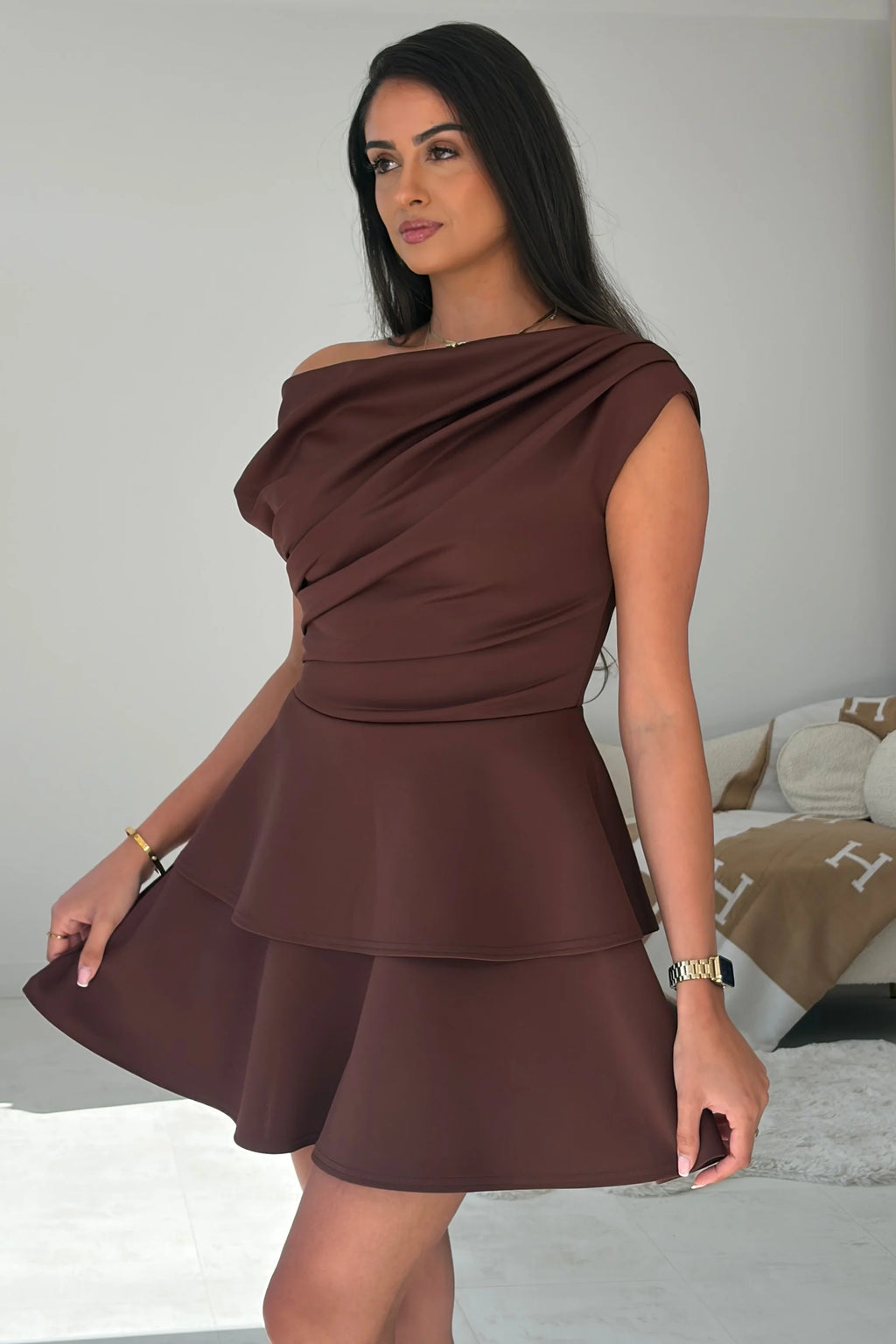 Girl In Mind Pippa Chocolate Brown Bardot Tiered Mini Dress
