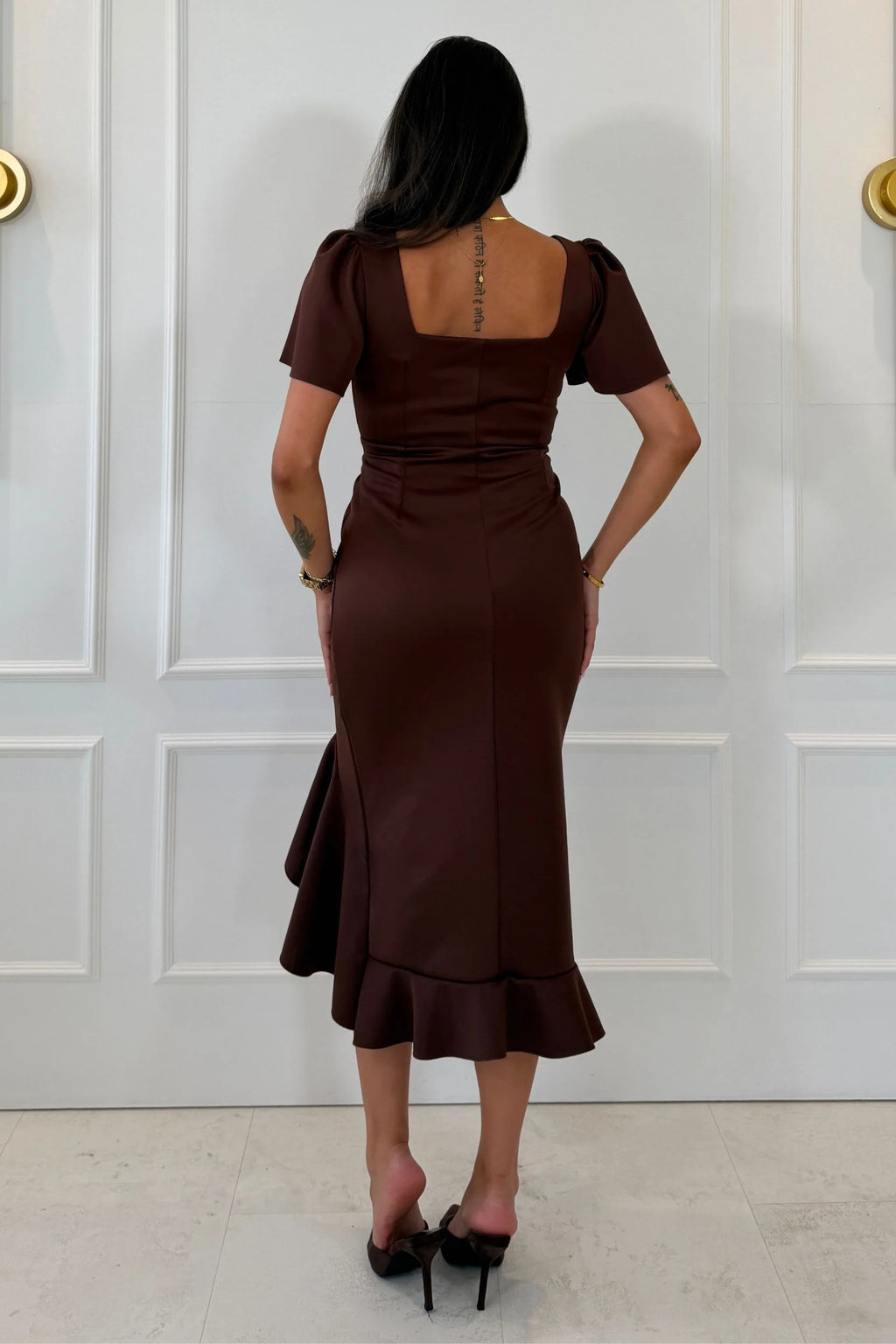 Leona Girl in Mind Chocolate Brown Ruched Frill Midi Dress
