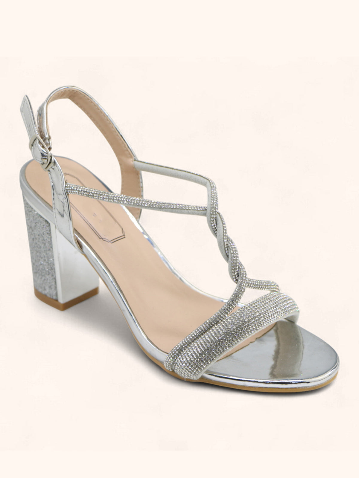 Jules Silver Diamanté Block Heel Sandals