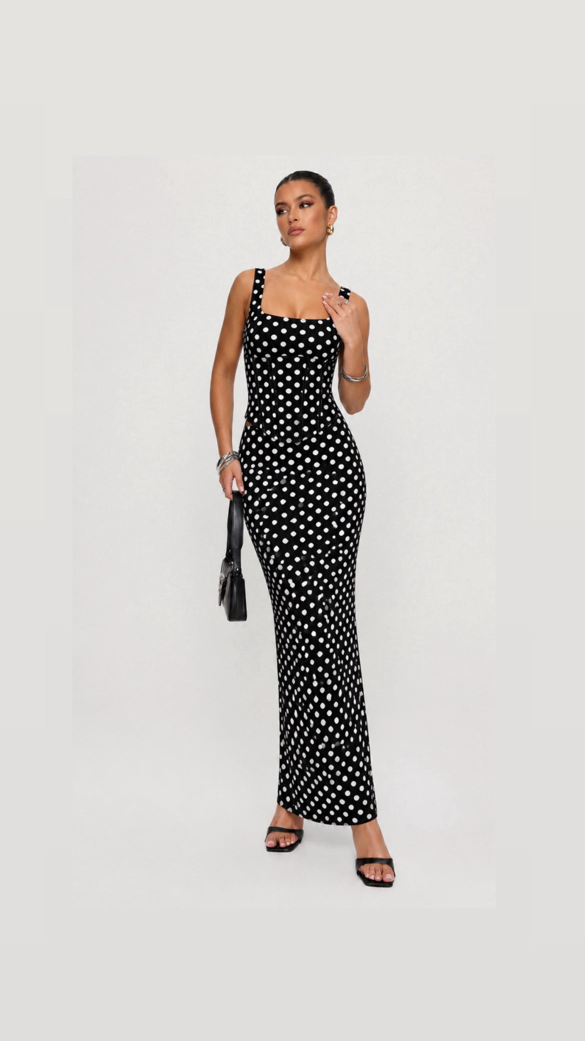 Anaya Polka Dot Corset & Maxi Dress Set - Black