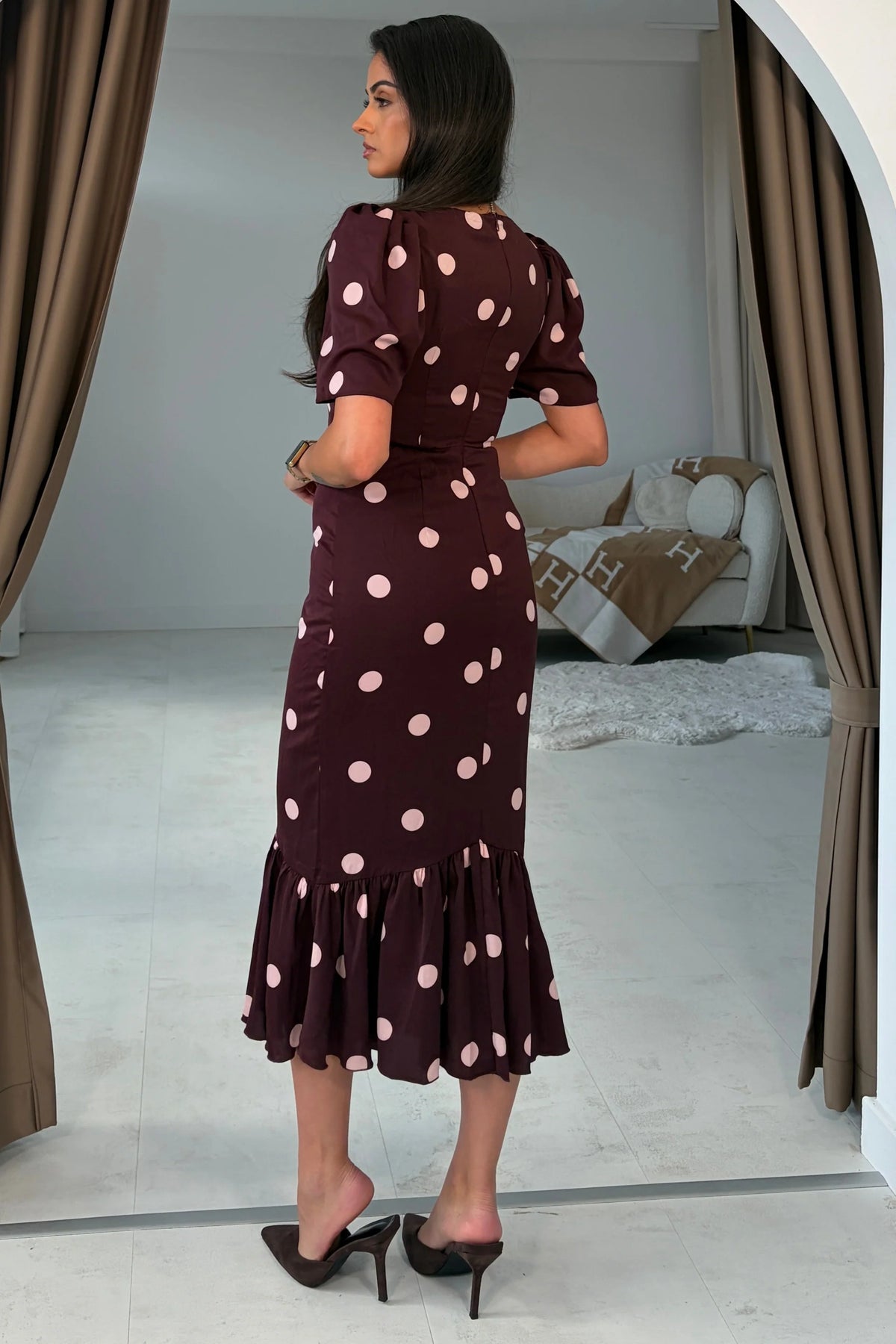 Jennifer Girl in Mind Wine Polka Dot Midi Dress
