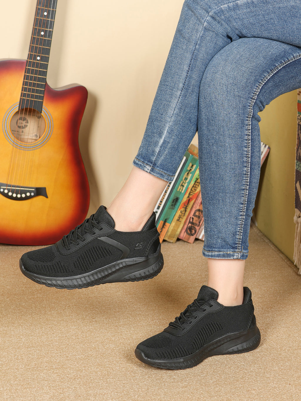 Quinn Black Lightweight Knit Lace-Up Trainers