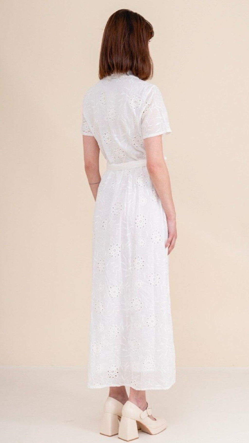 Nora White Broderie Button-Front Midi Dress