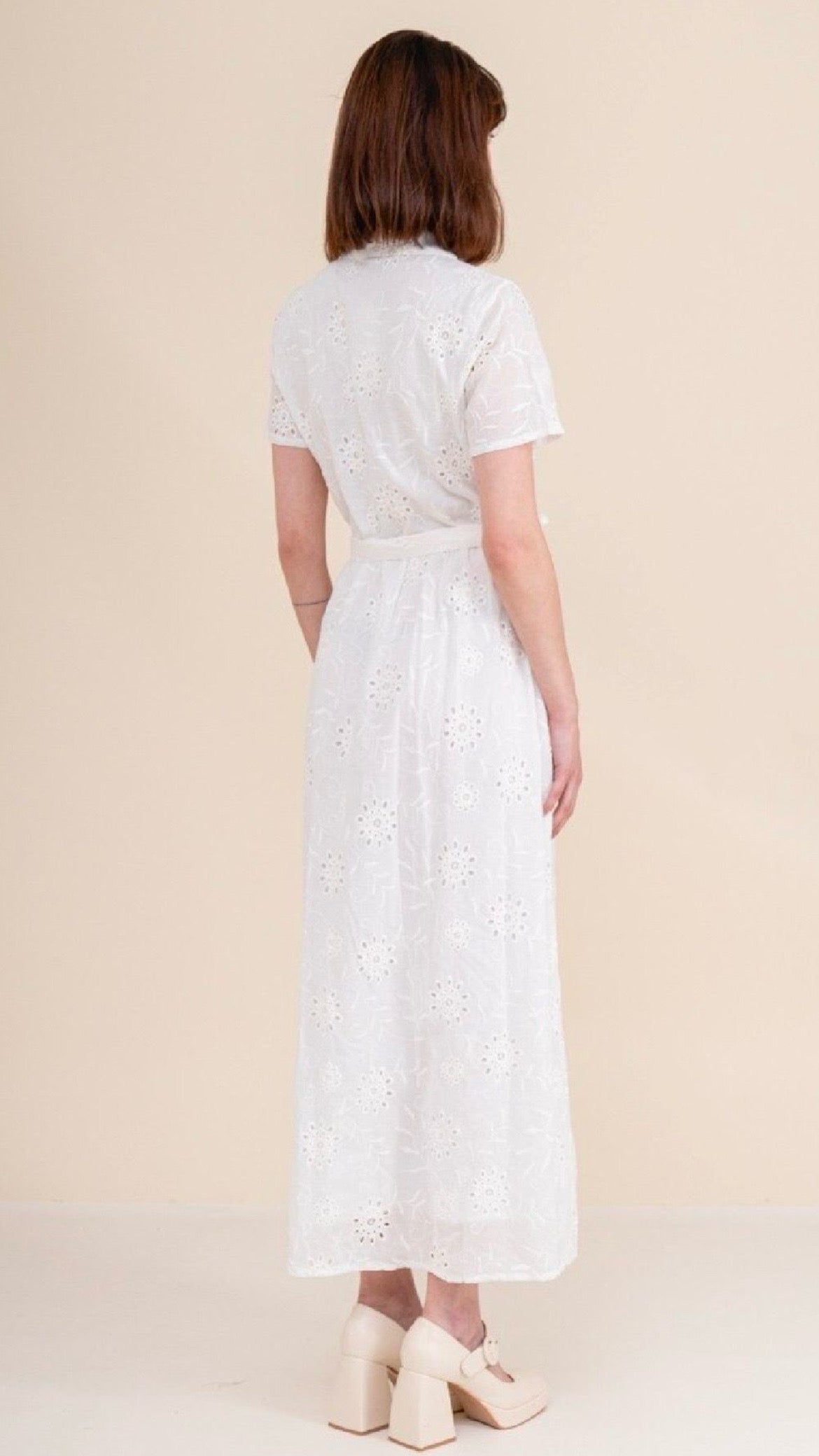 Nora White Broderie Button-Front Midi Dress