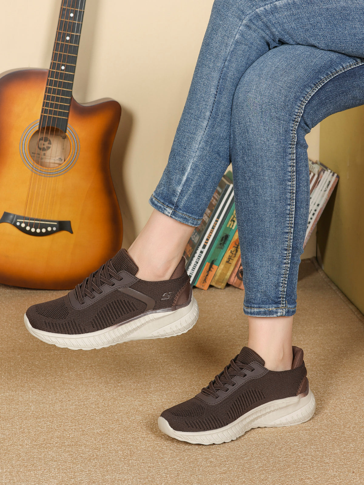 Quinn Brown Lightweight Knit Lace-Up Trainers
