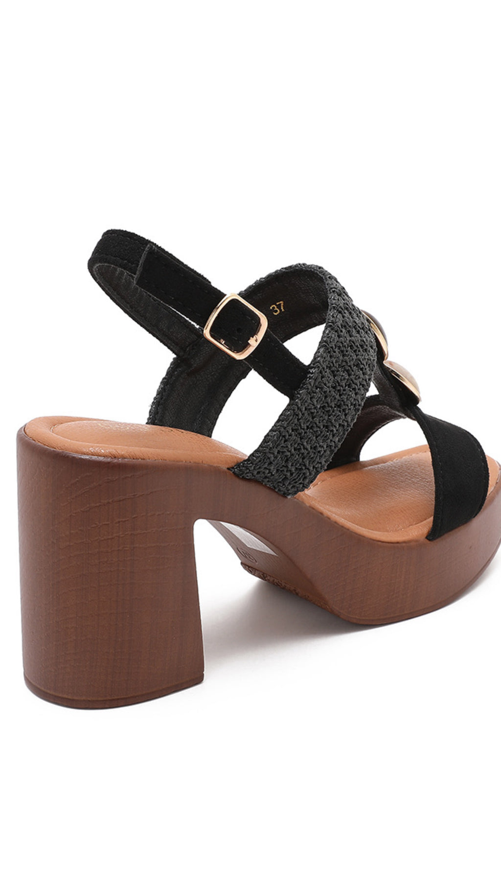 Tina Black Platform Heel – Textured Strap Block Heel Sandal