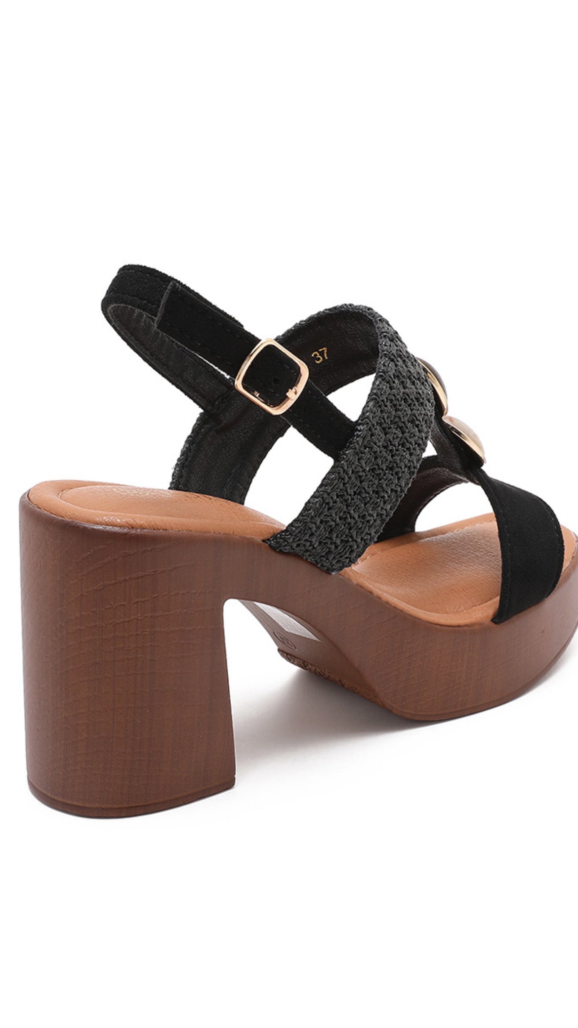 Tina Black Platform Heel – Textured Strap Block Heel Sandal
