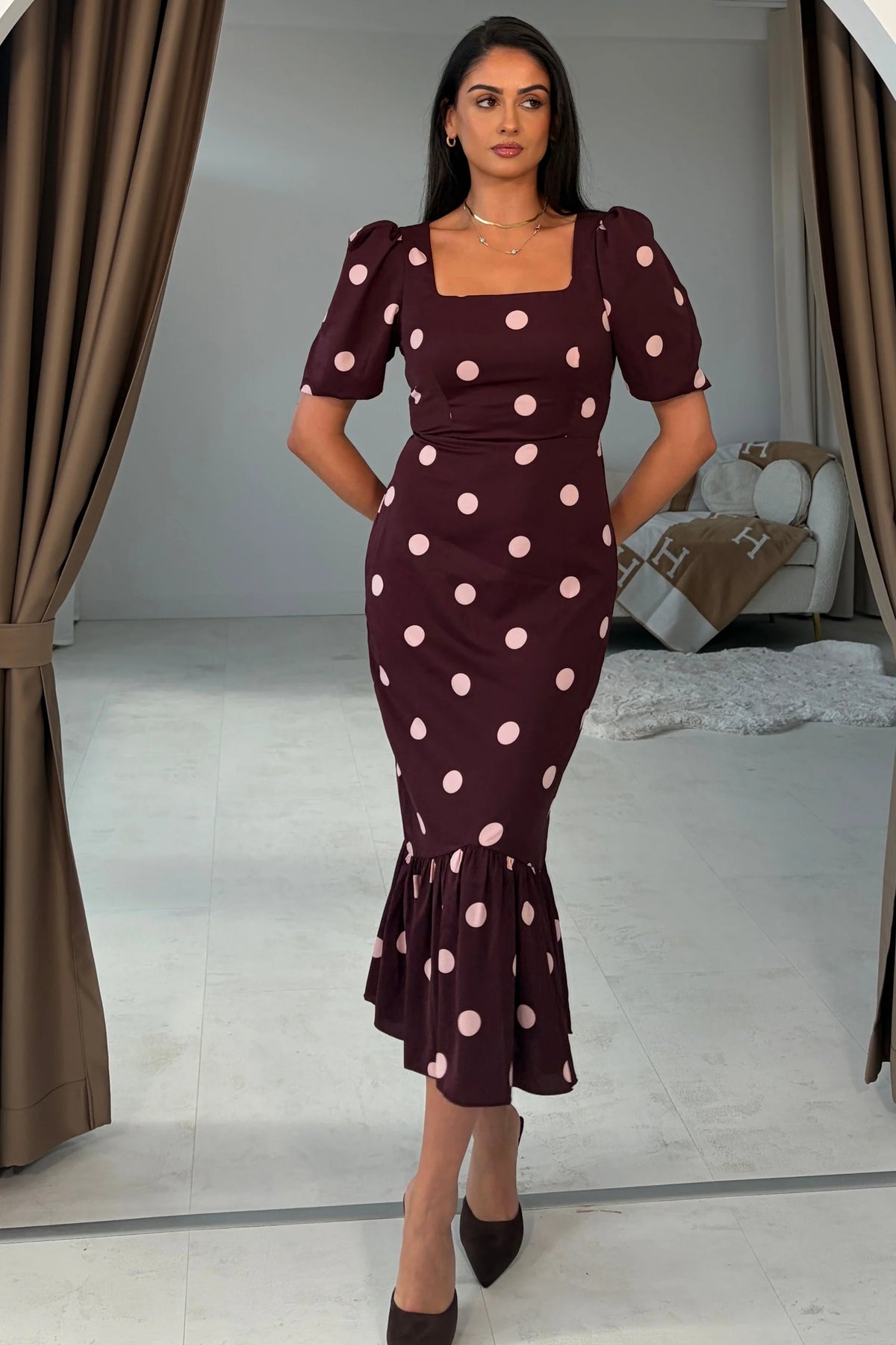 Jennifer Girl in Mind Wine Polka Dot Midi Dress
