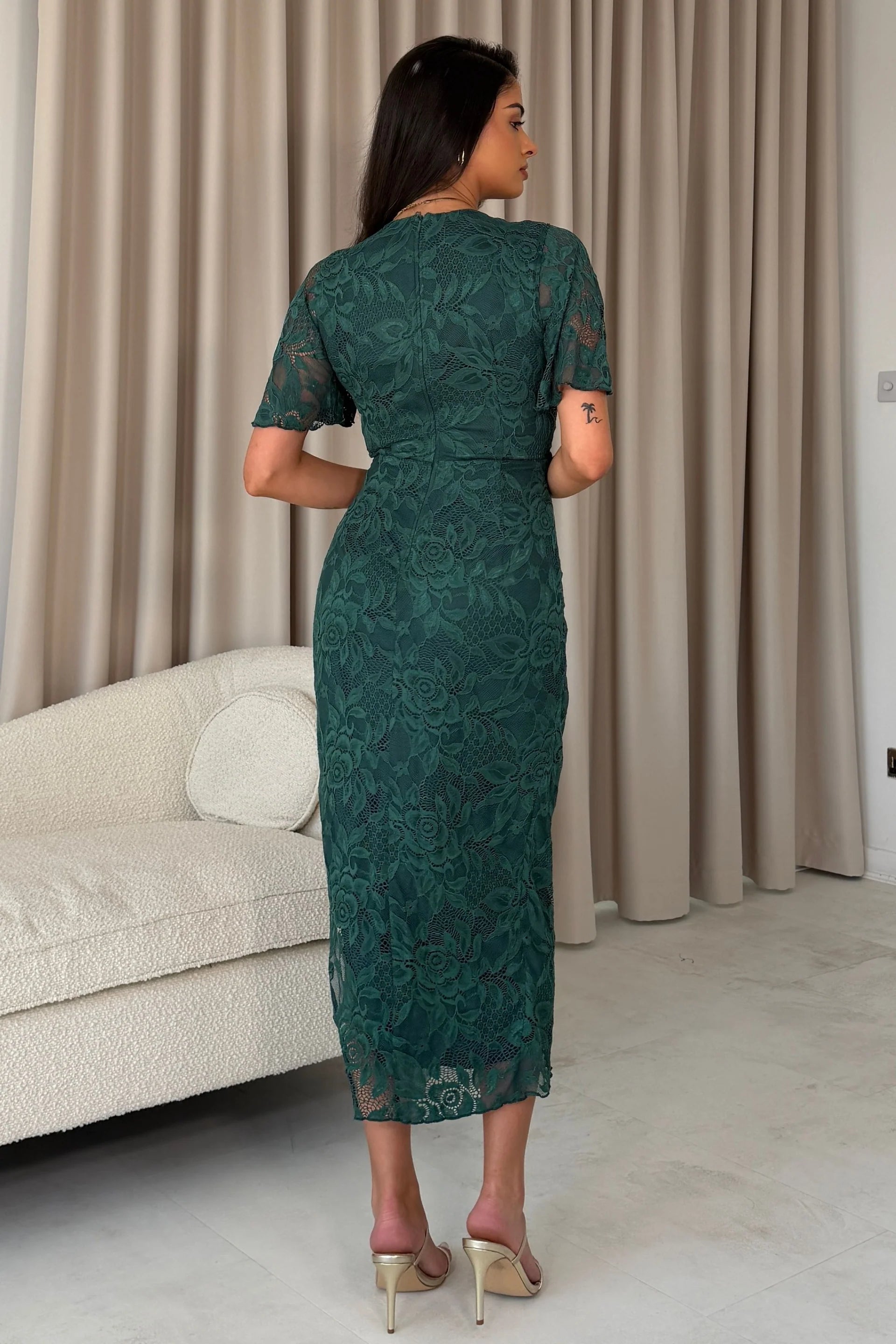 Girl In Mind Natasha Emerald Green Lace Wrap Midi Dress