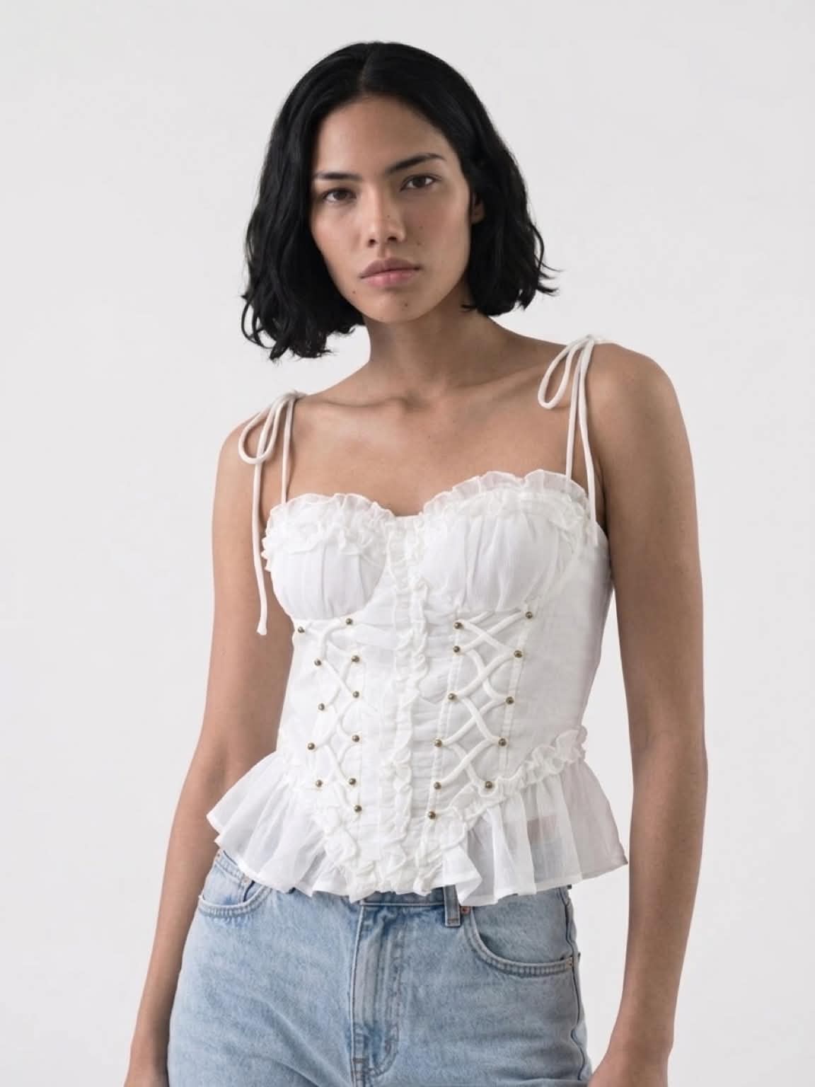 Dexi Ruffle Corset Peplum Top - White
