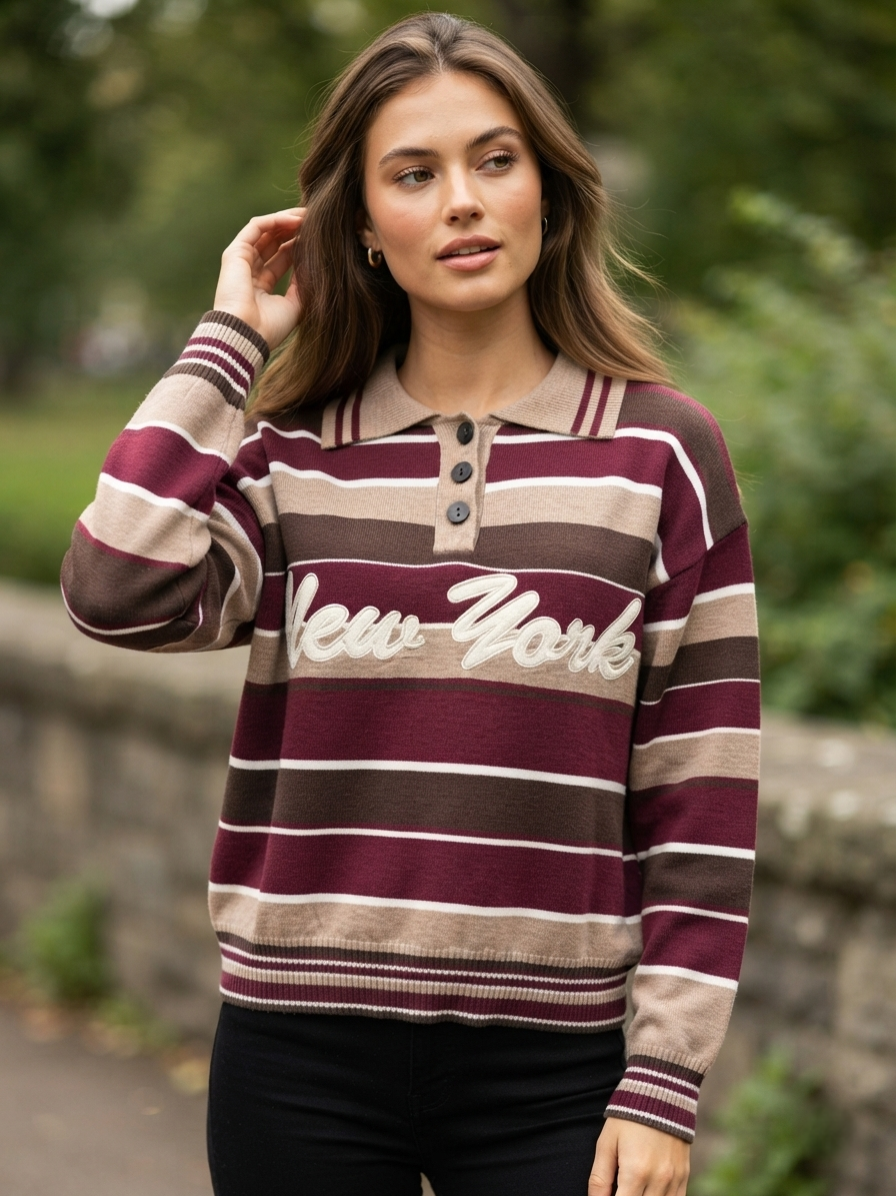 Lilah New York Stripe Polo Knit - Brown