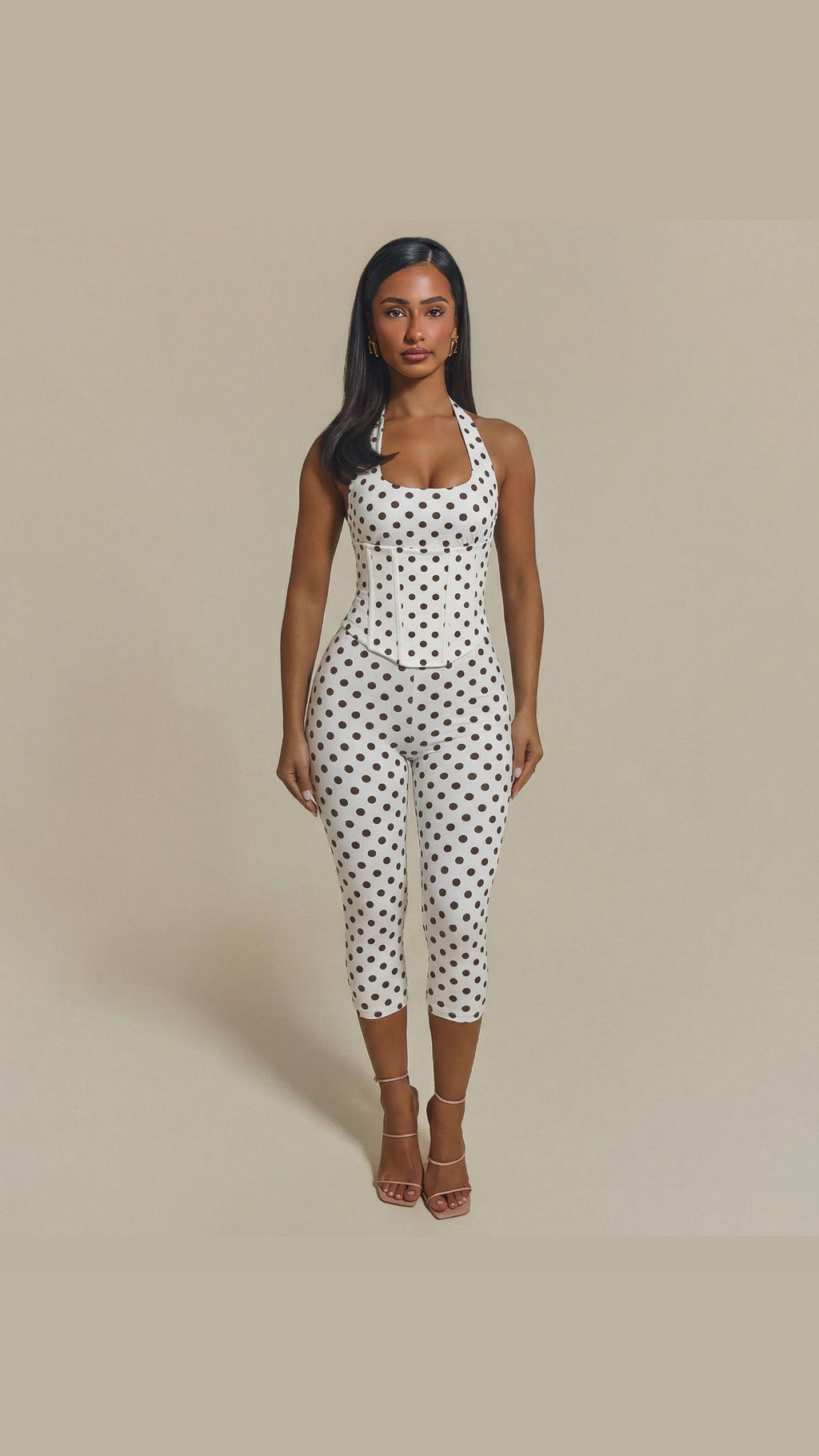 Lilah 3-Piece Polka Dot Set – Halter Top, Corset & Capri Pants - White