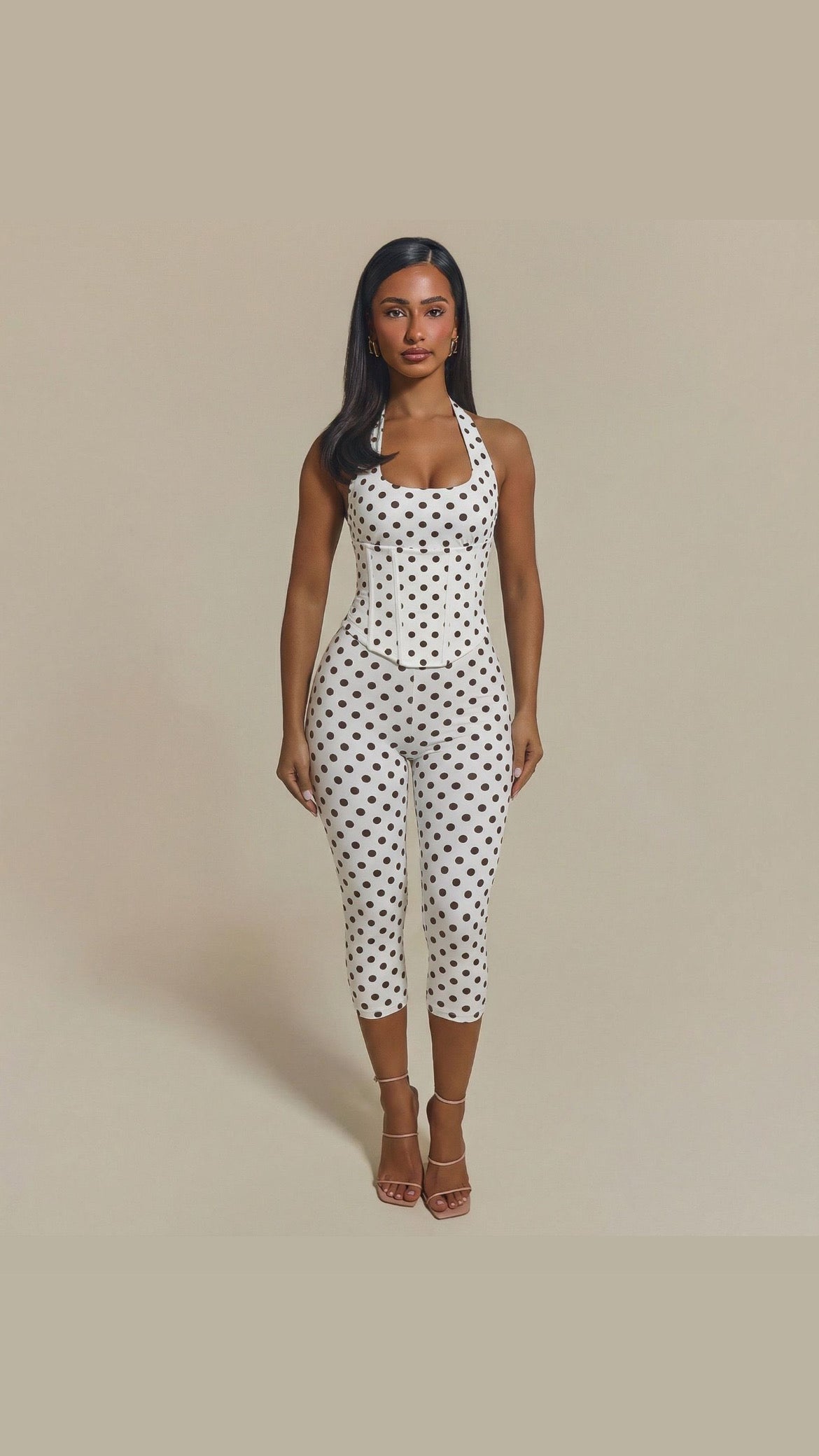 Lilah 3-Piece Polka Dot Set – Halter Top, Corset & Capri Pants - White