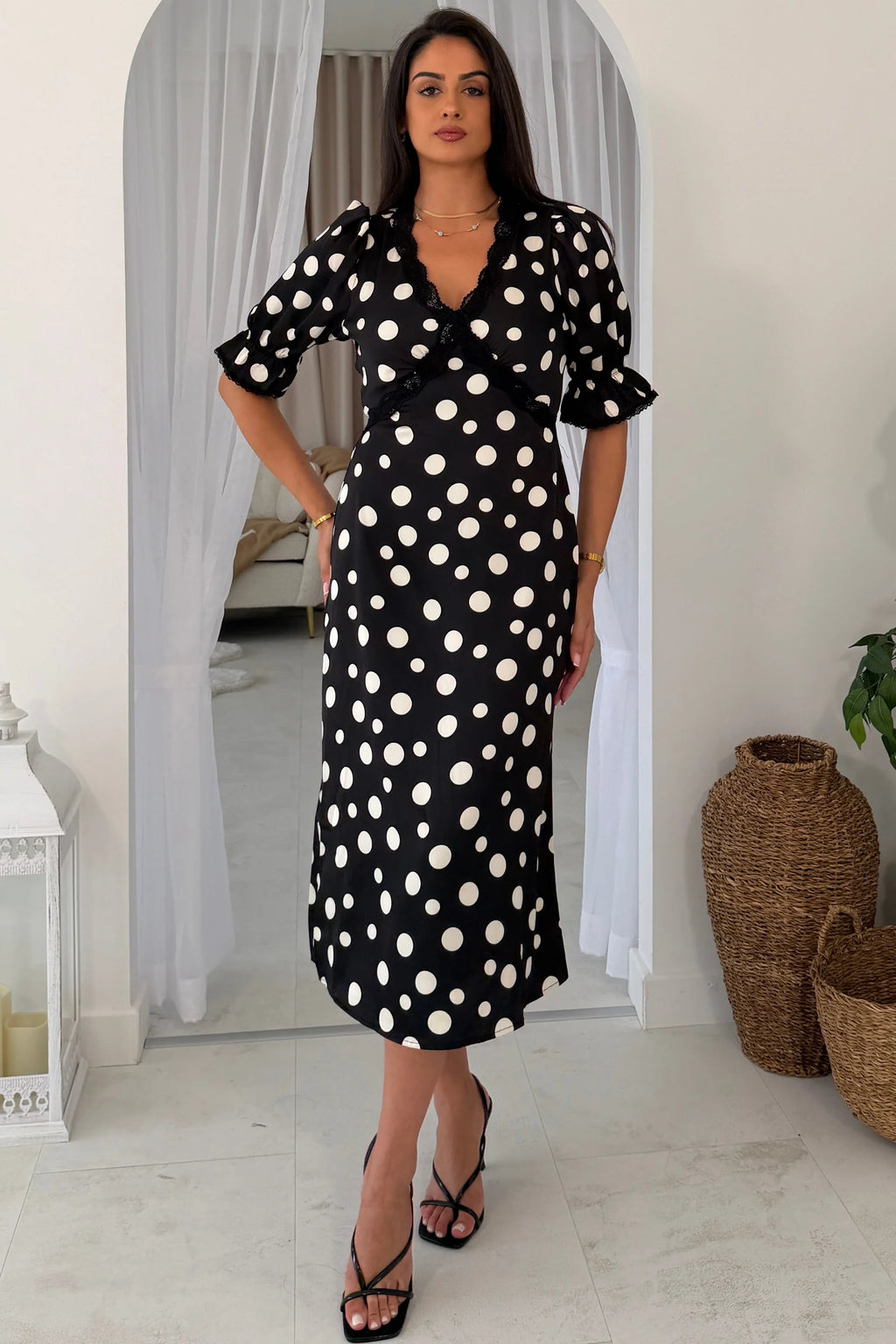 Girl In Mind Sharon Black & White Polka Dot Lace Trim Midi Dress