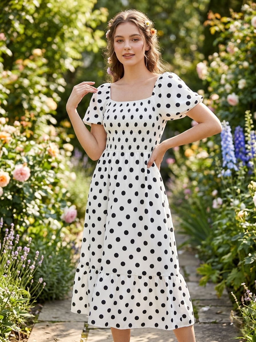Monroe Dress – Polka Dot Shirred Midi Dress - White